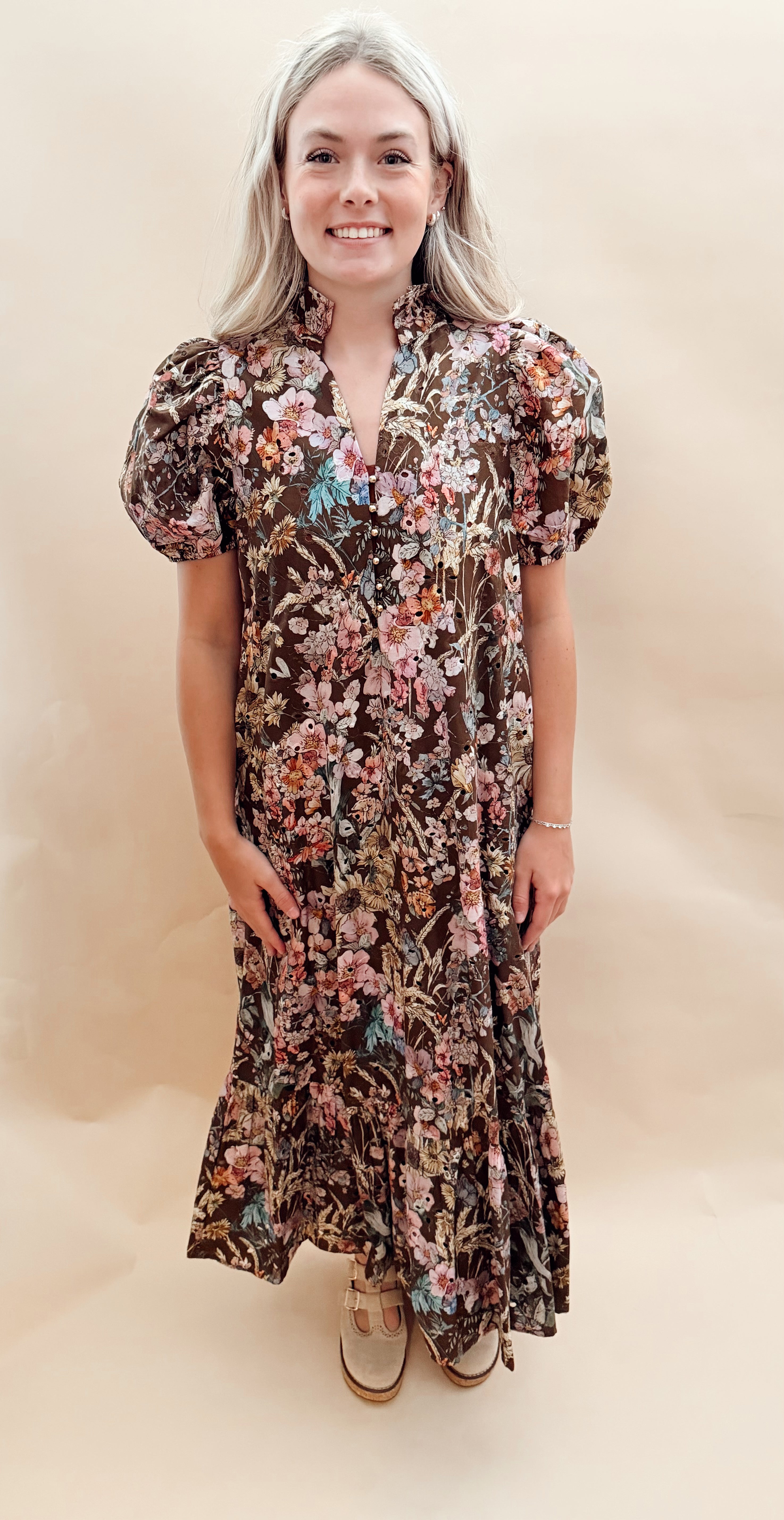 Floral print eyelet maxi dress