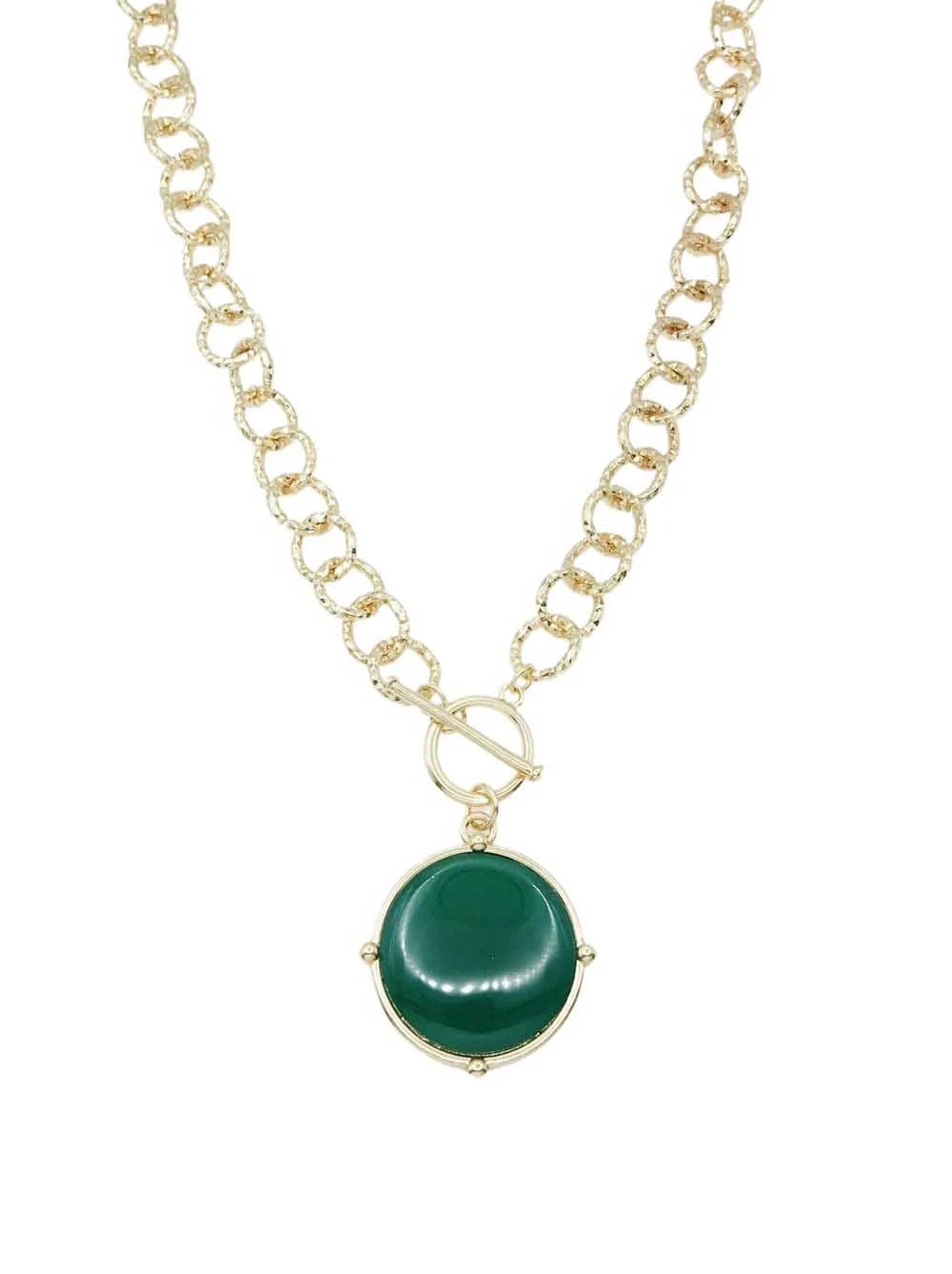 Gold open chain stone circle necklace