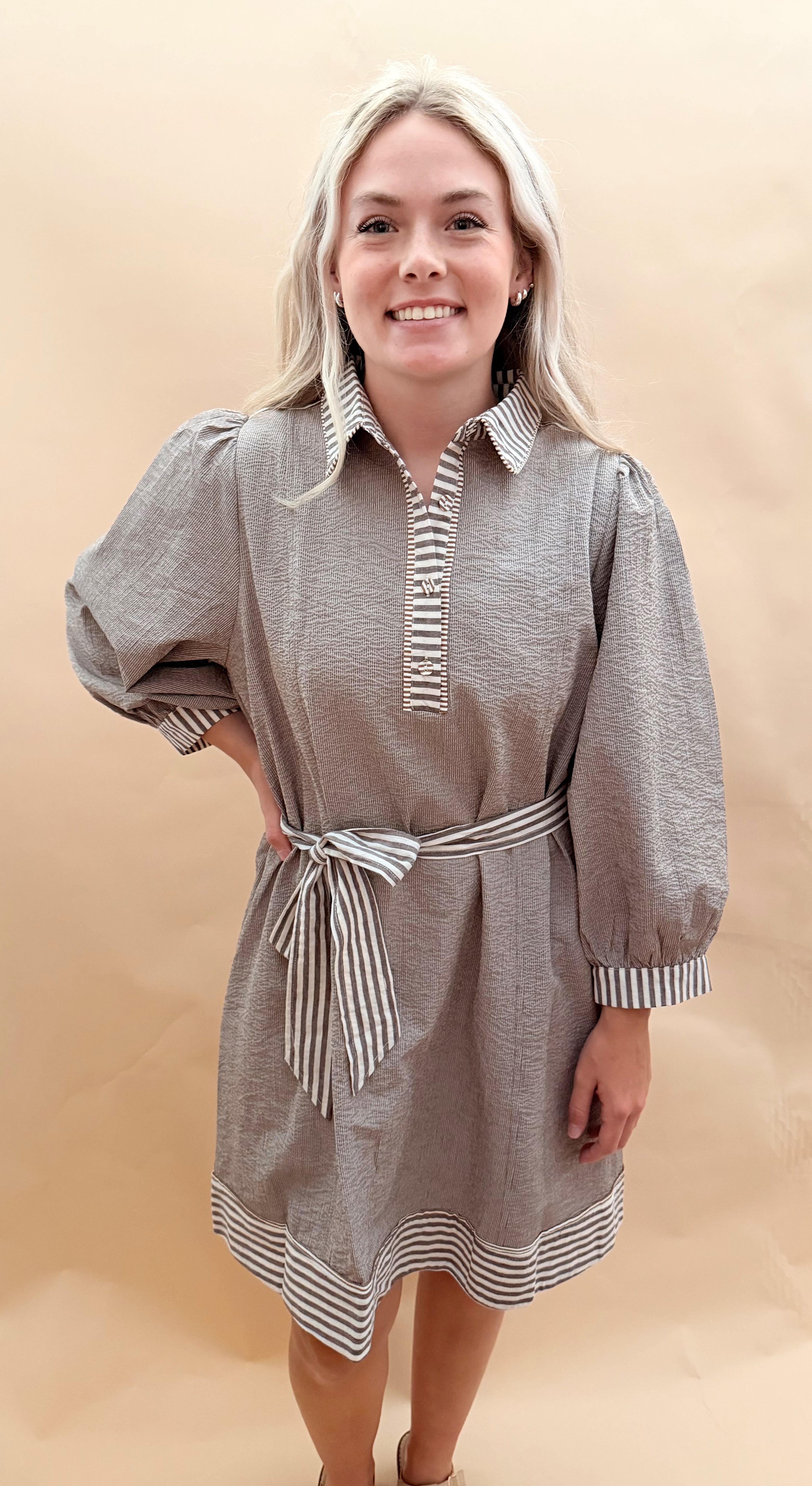 Puff sleeve collared knee length dress