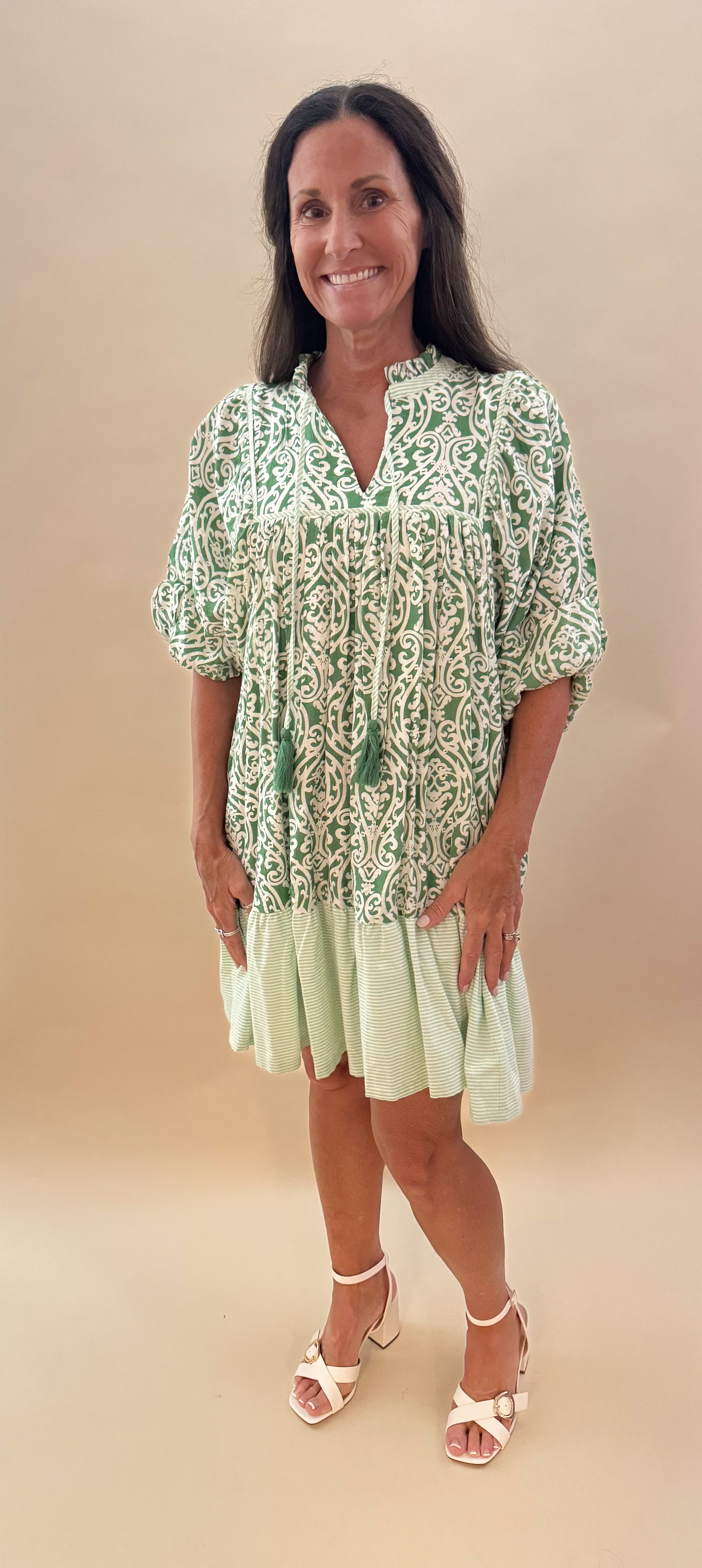 Green Patterned Dress with Striped Bottom Ruffle