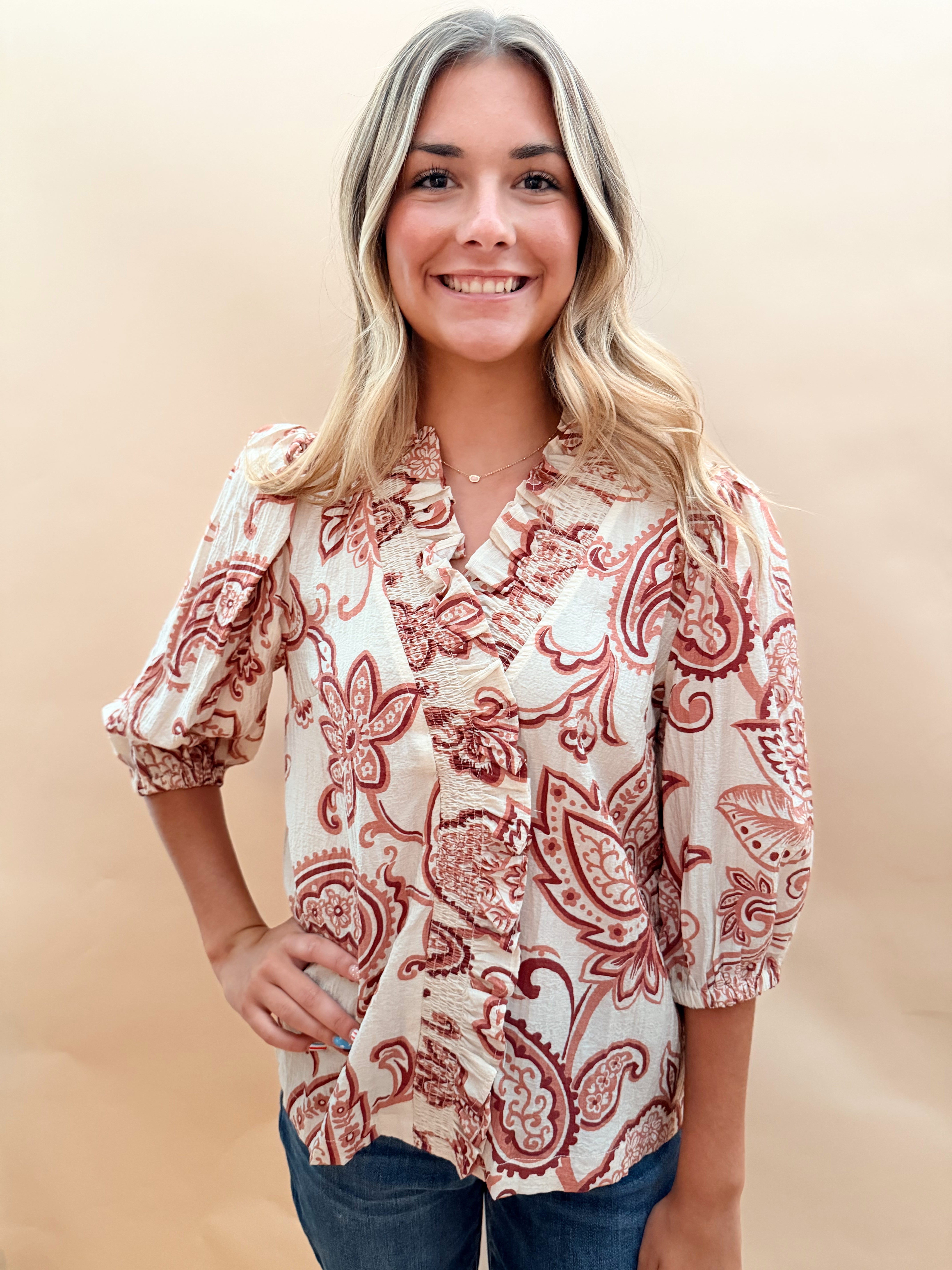 Print top smocked ruffle details