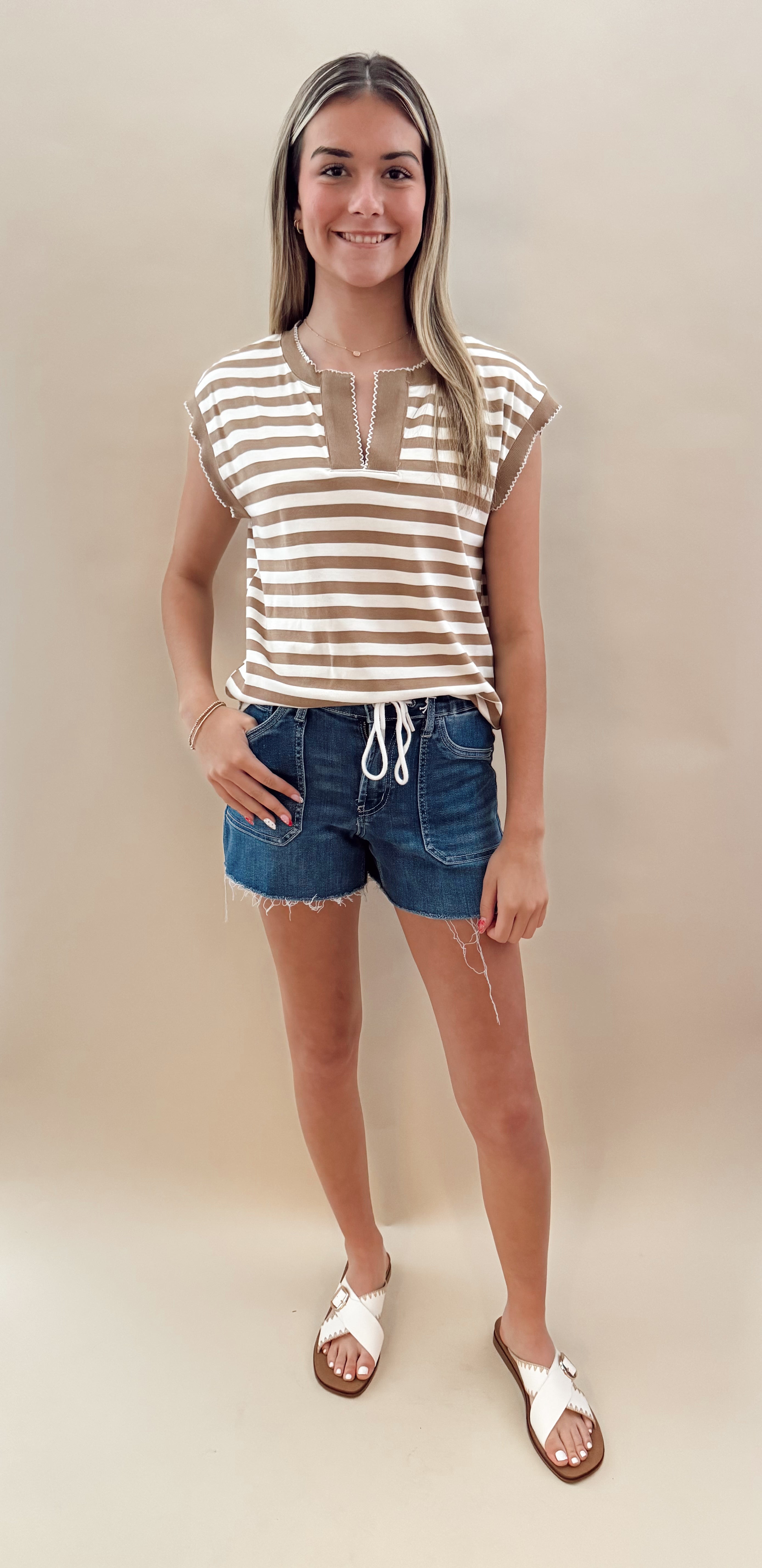 Taupe and white striped top