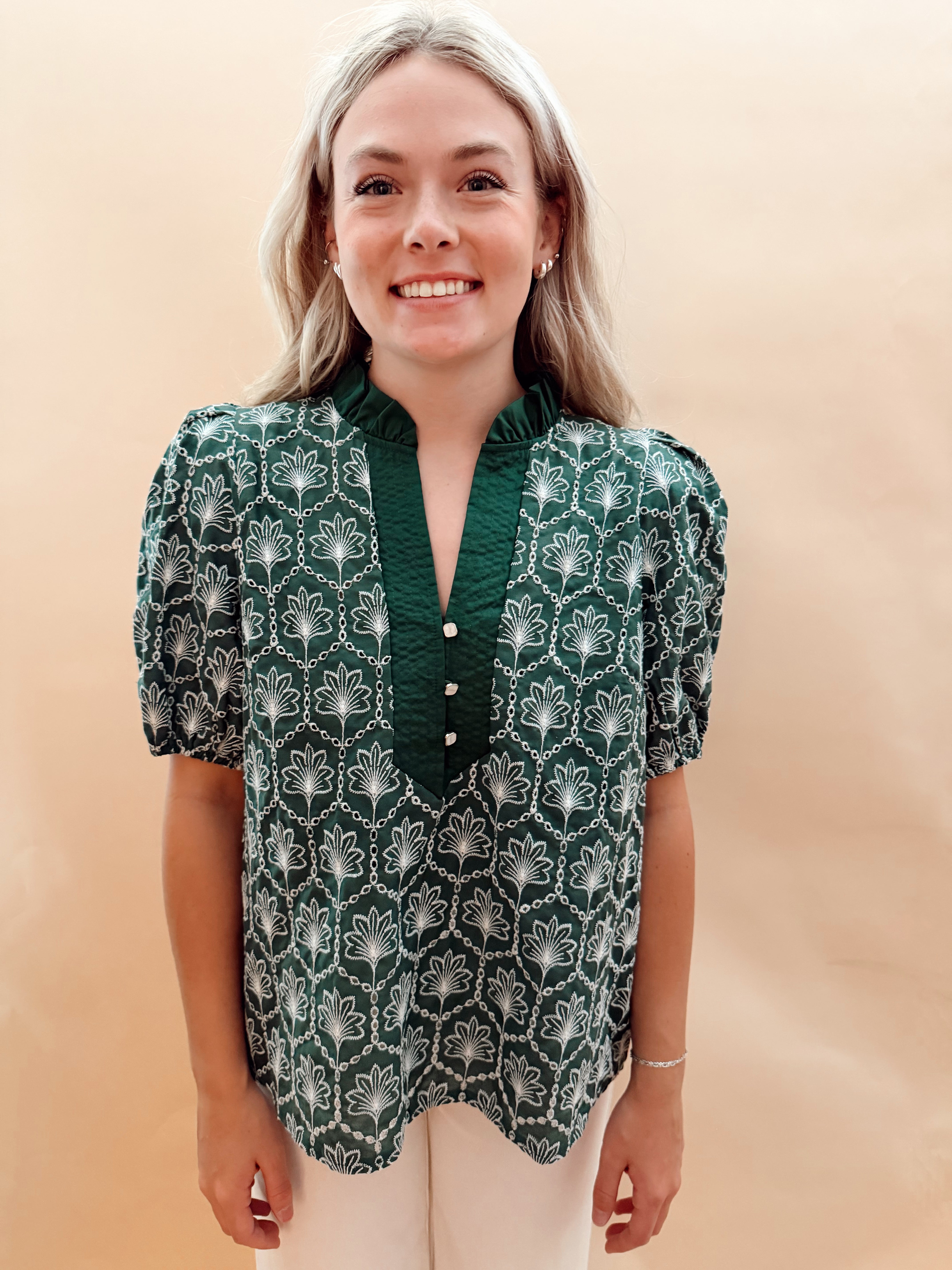 Ruffled Neck Patterned Blouse