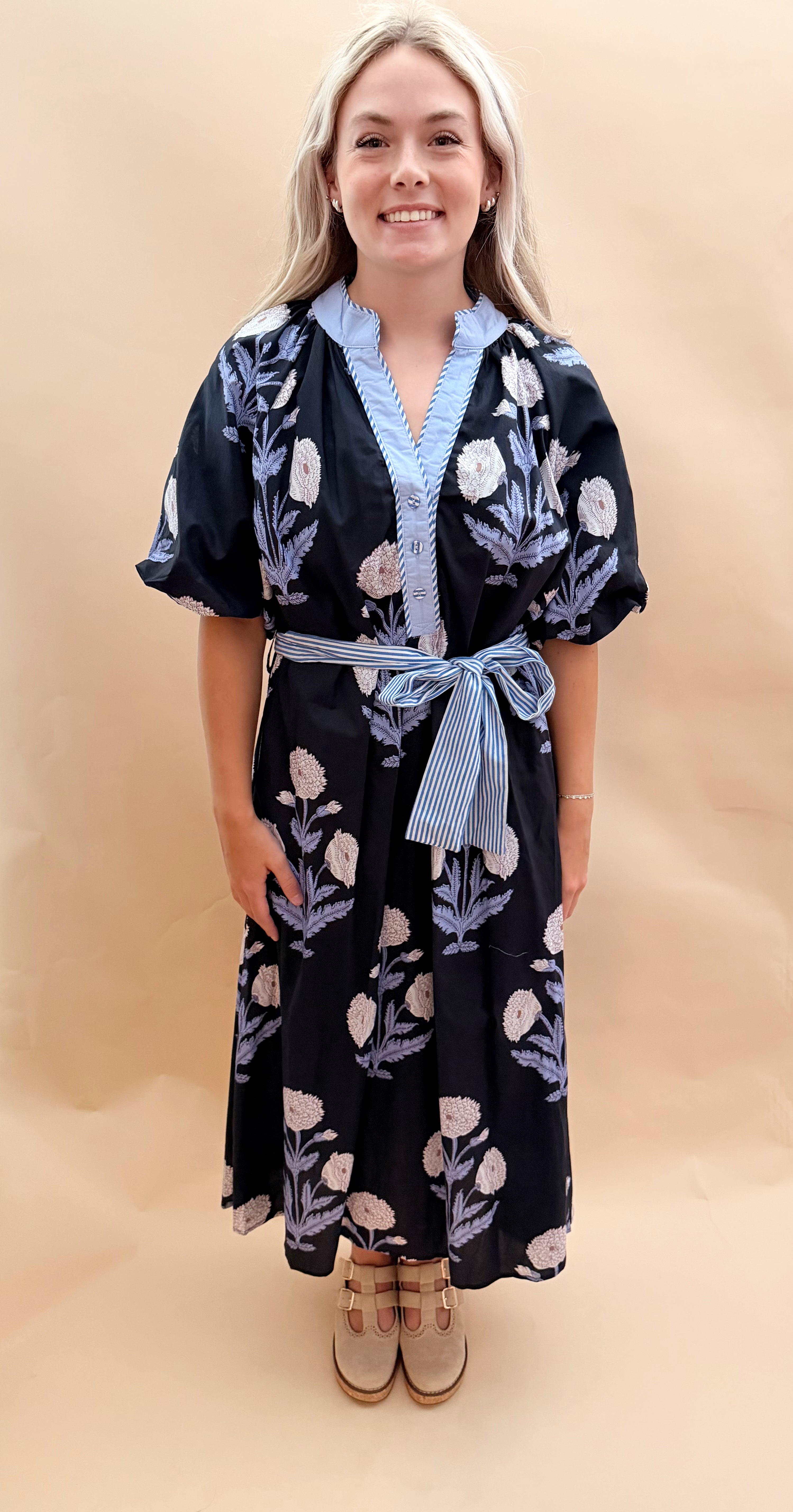 Floral print vneck maxi dress with stripe