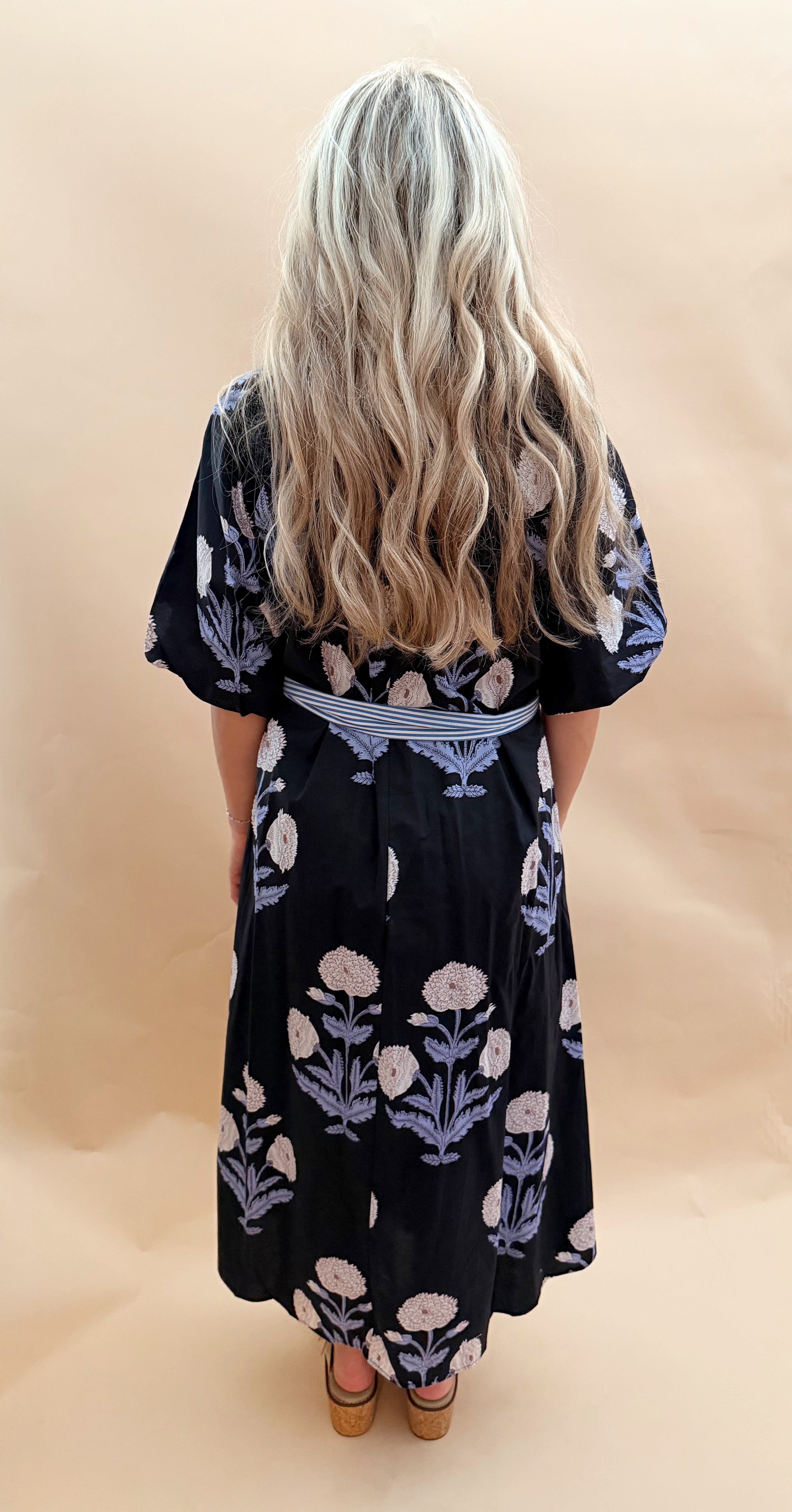 Floral print vneck maxi dress with stripe
