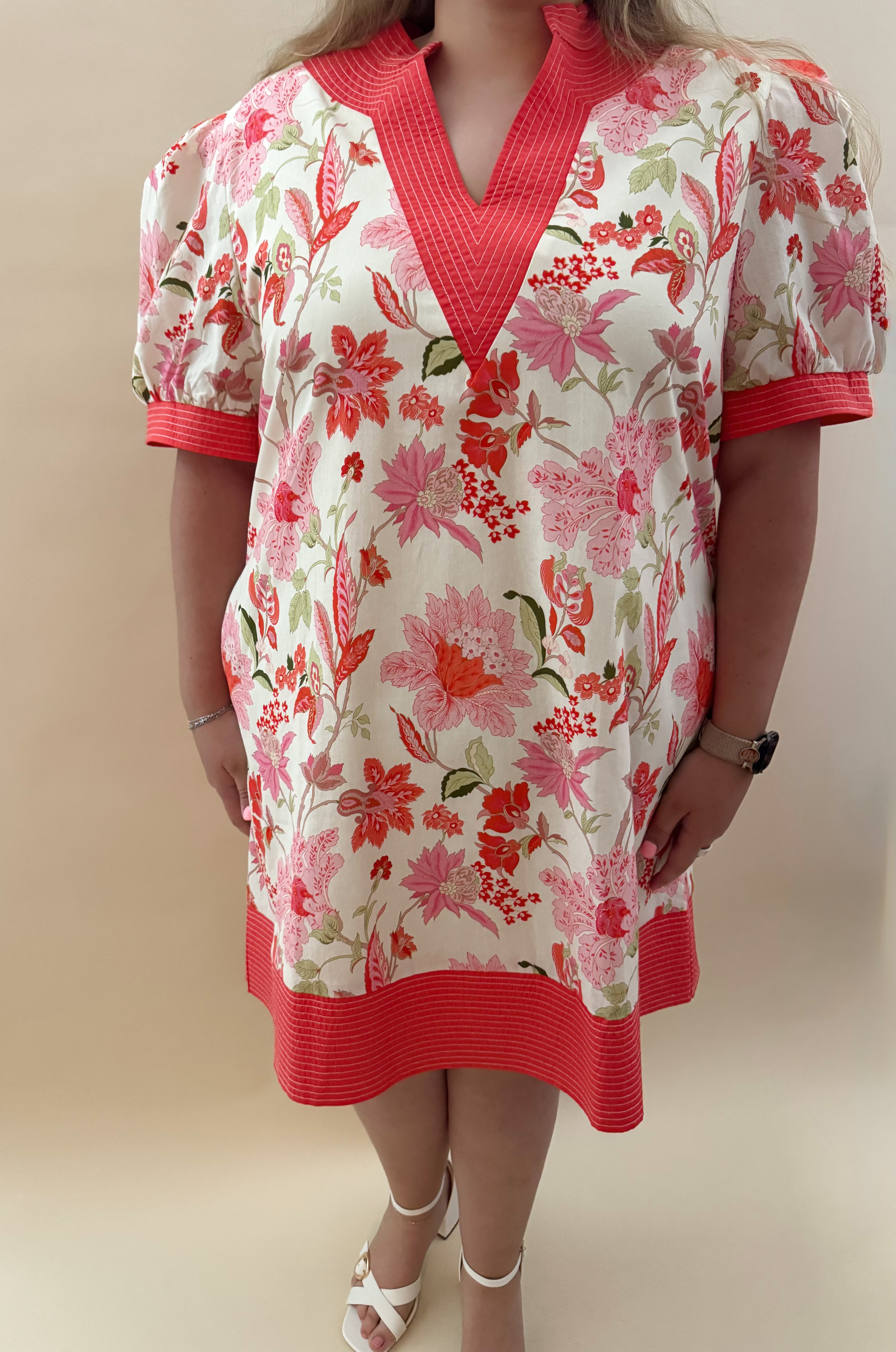Coral floral v neck dress