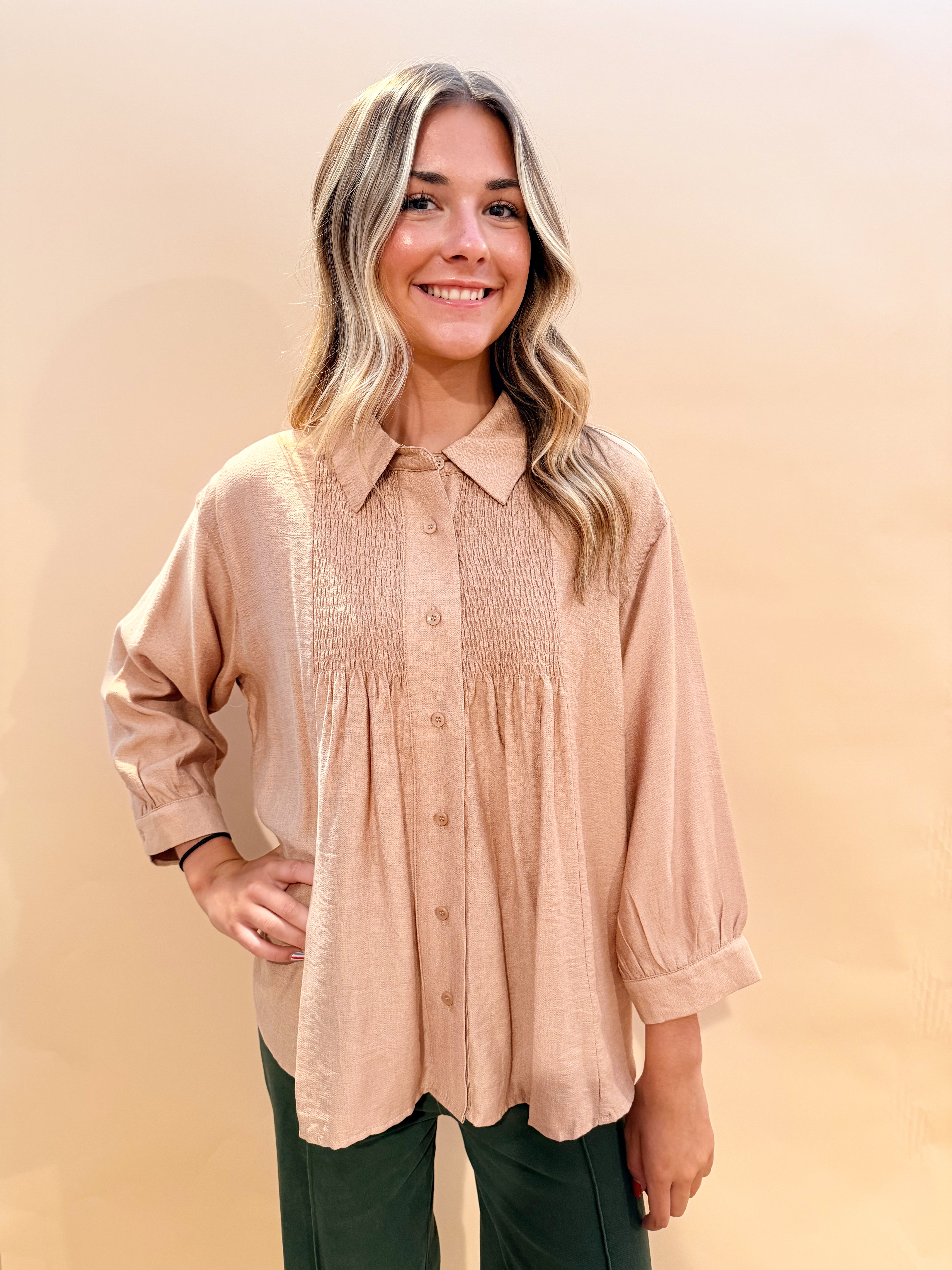 Long sleeved button blouse smock details