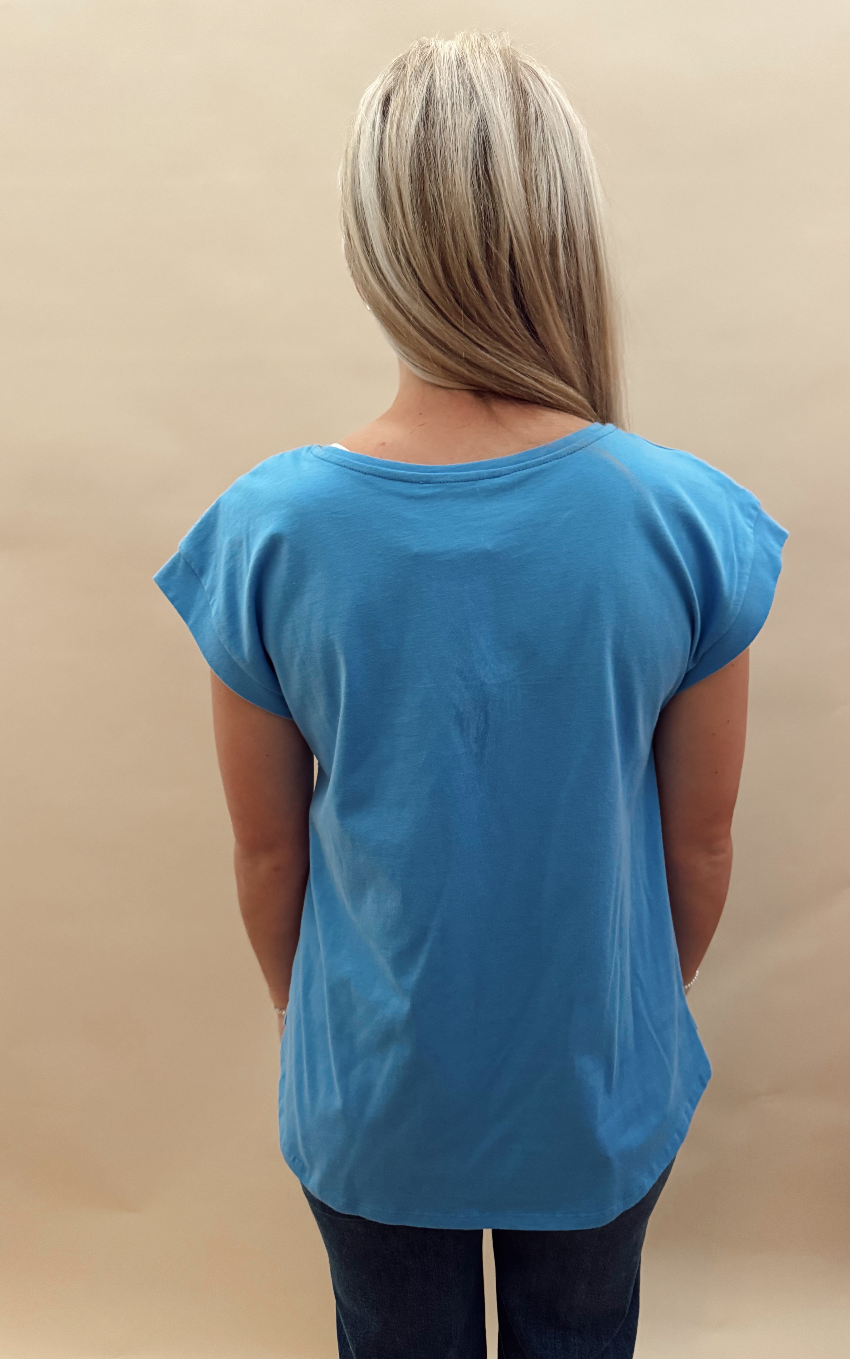 Blue T-shirt Square Lace Sleeve