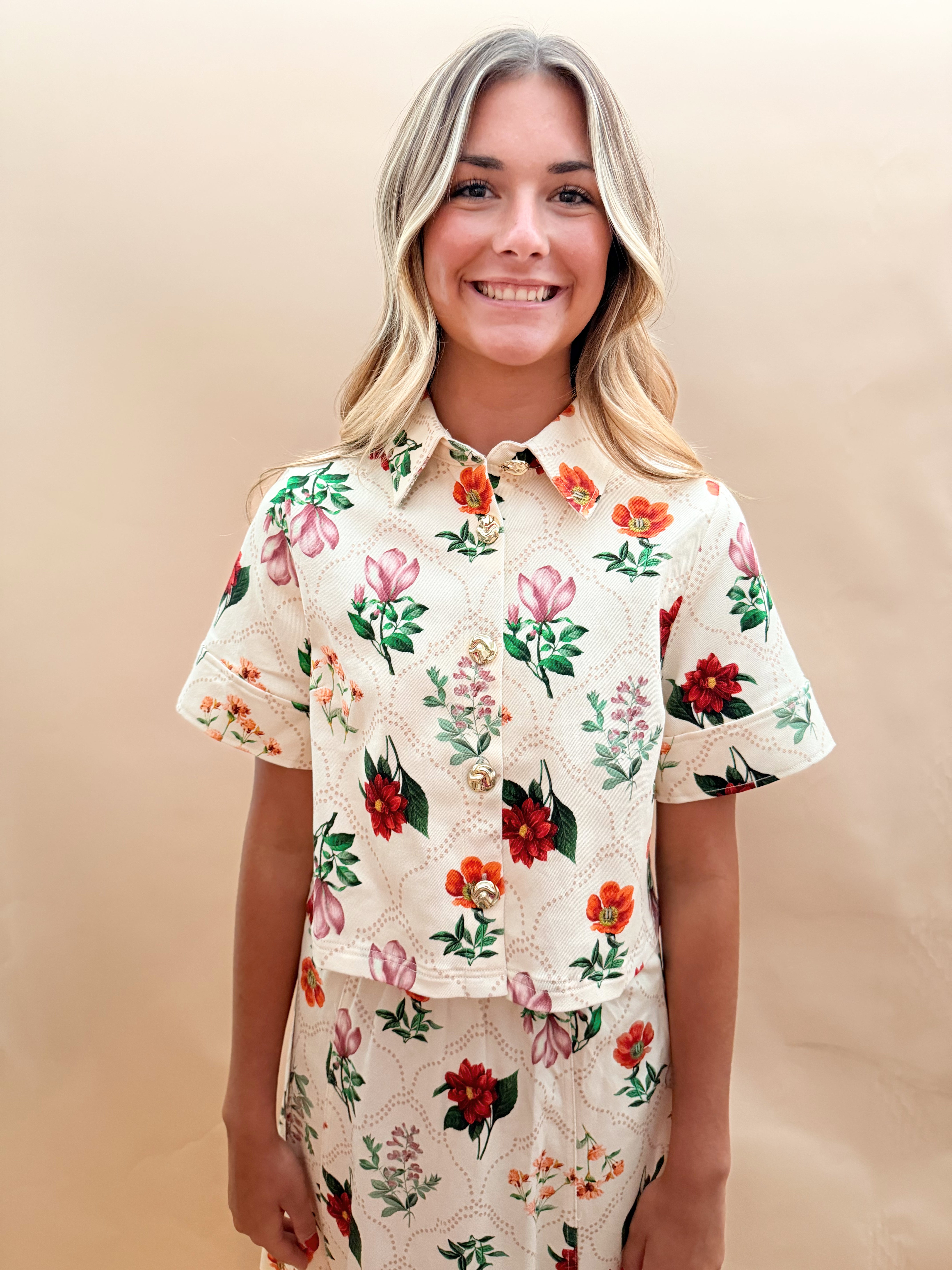 Floral Denim Button Top