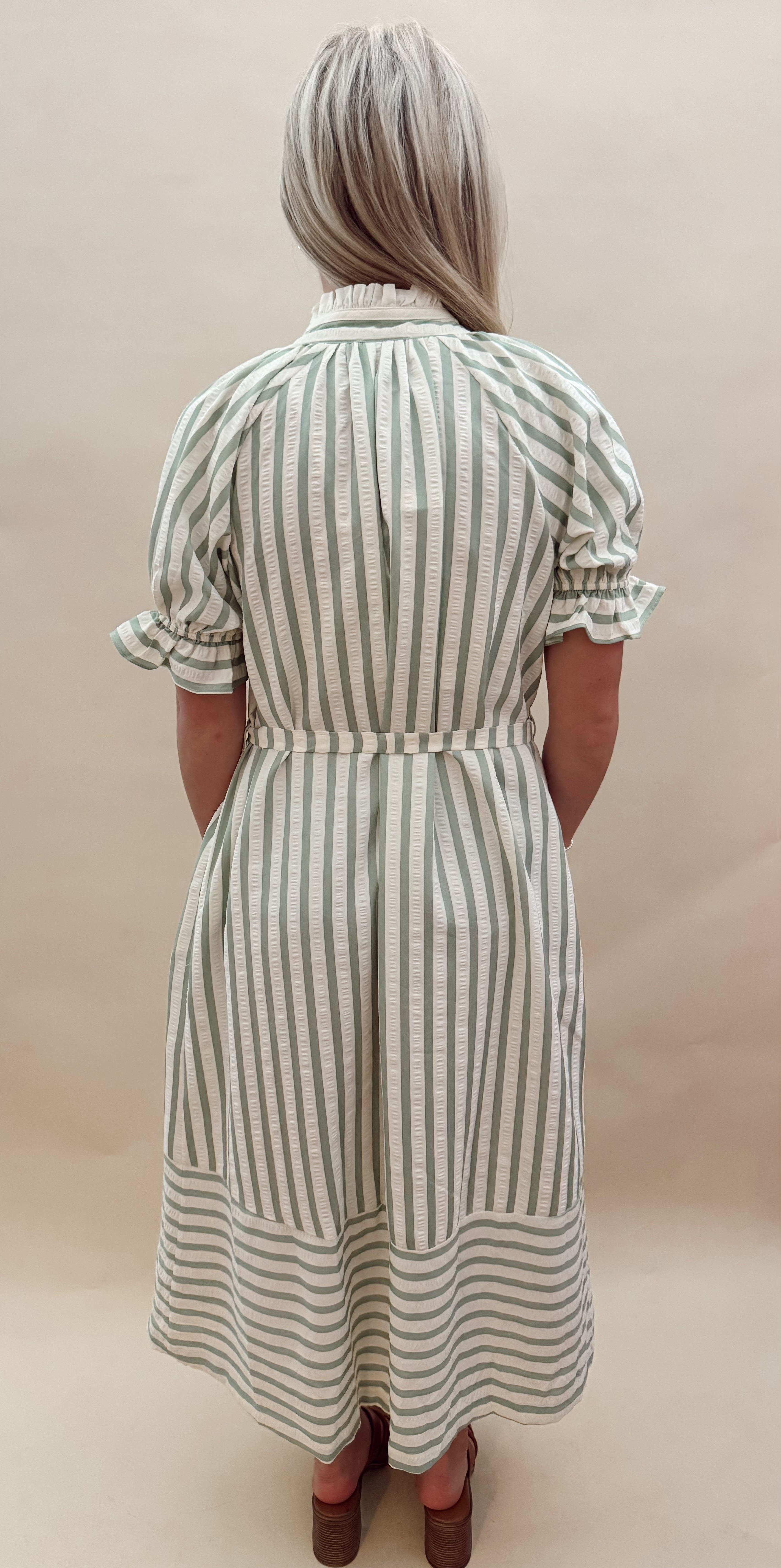 Green and cream striped dress