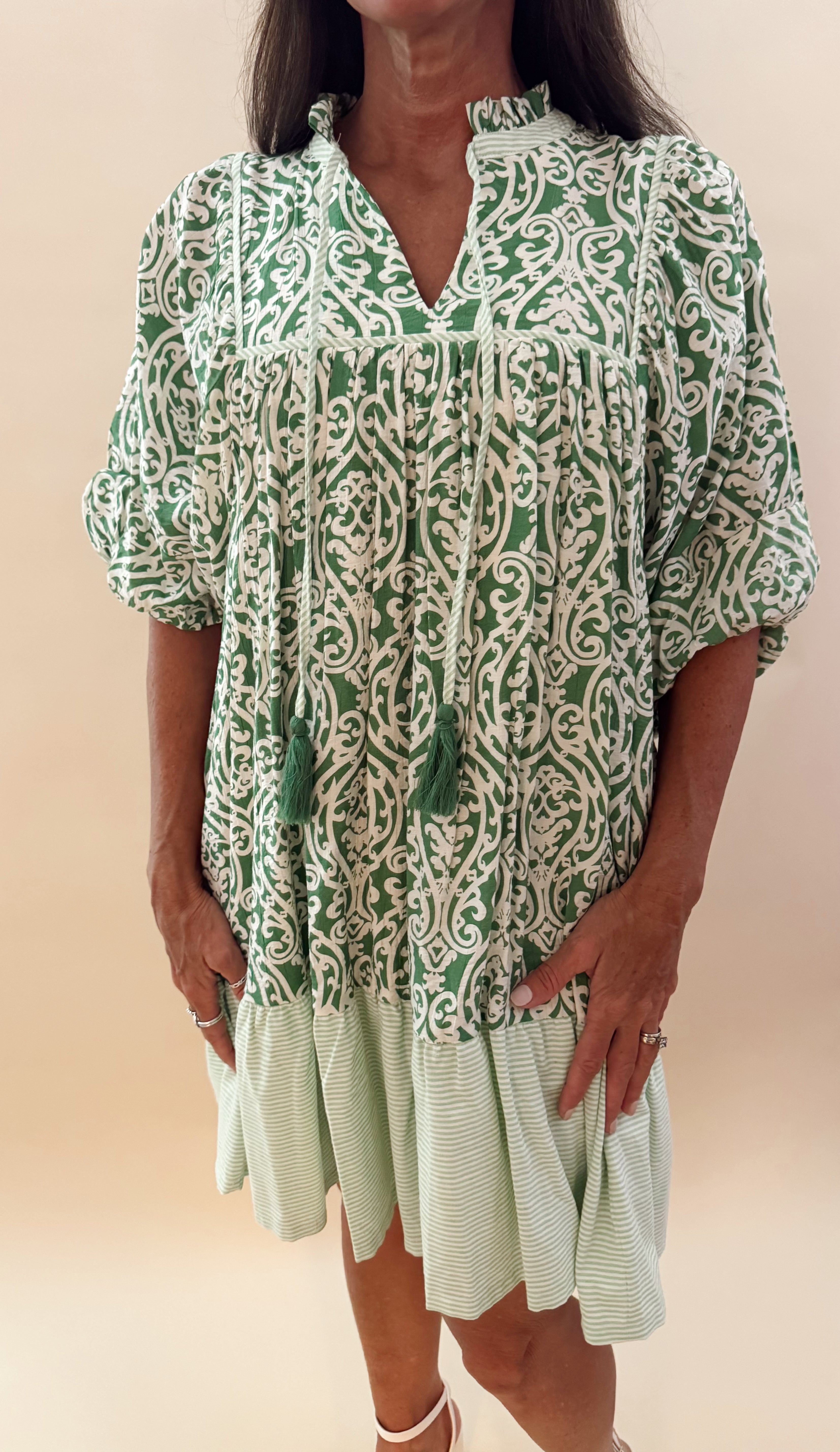 Green Patterned Dress with Striped Bottom Ruffle