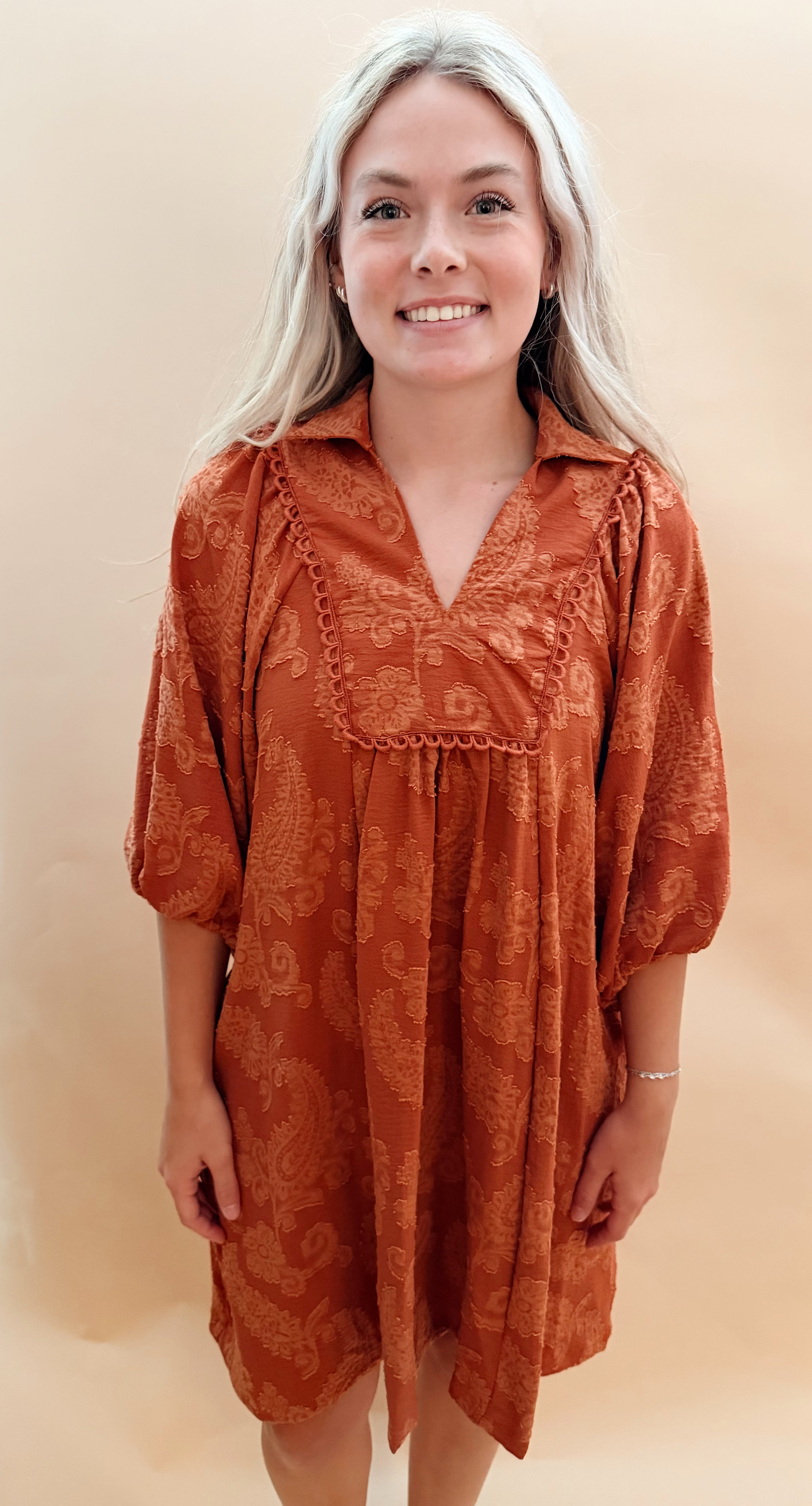 Textured paisley print knee length dress