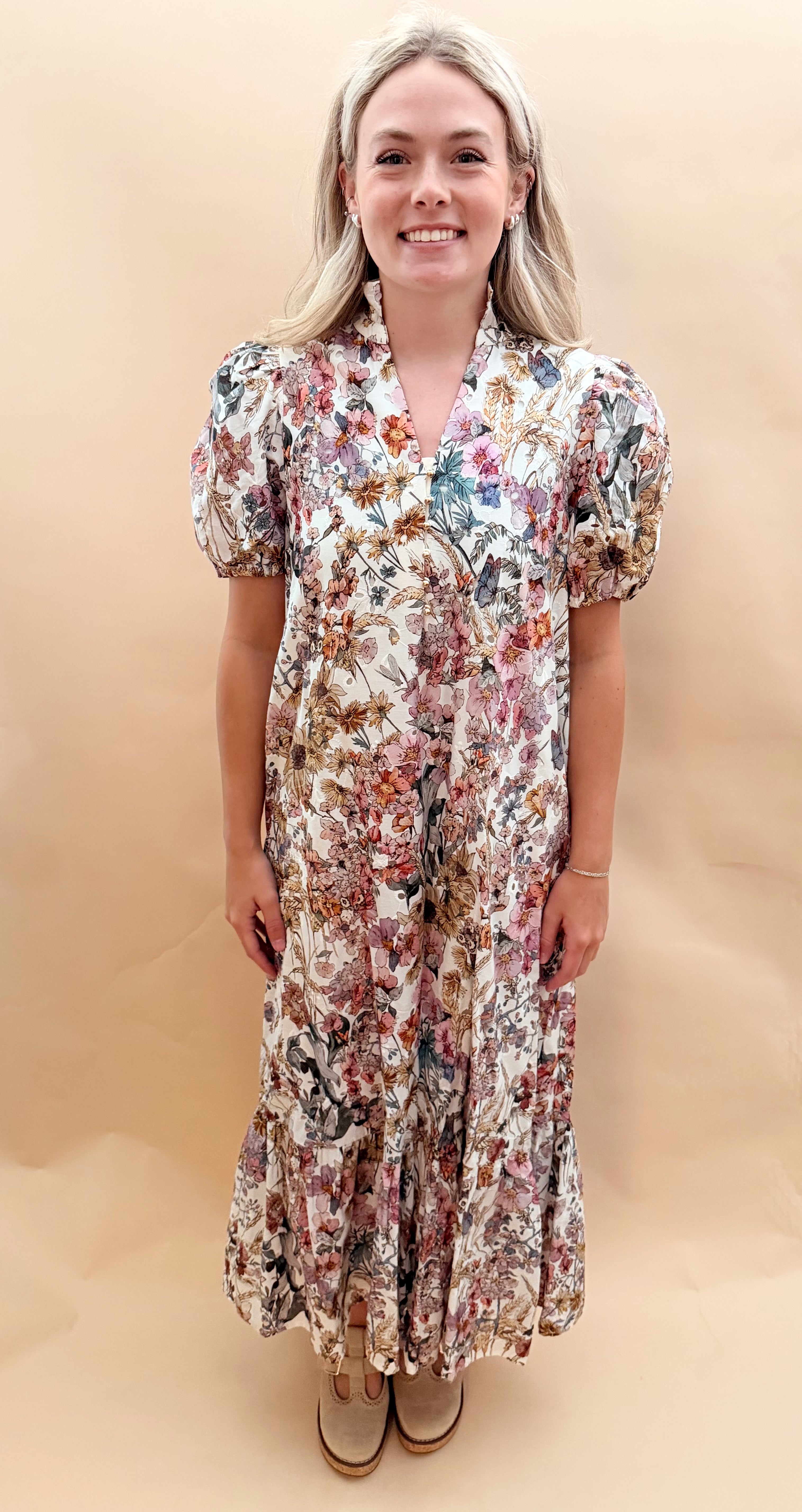 Floral print eyelet maxi dress