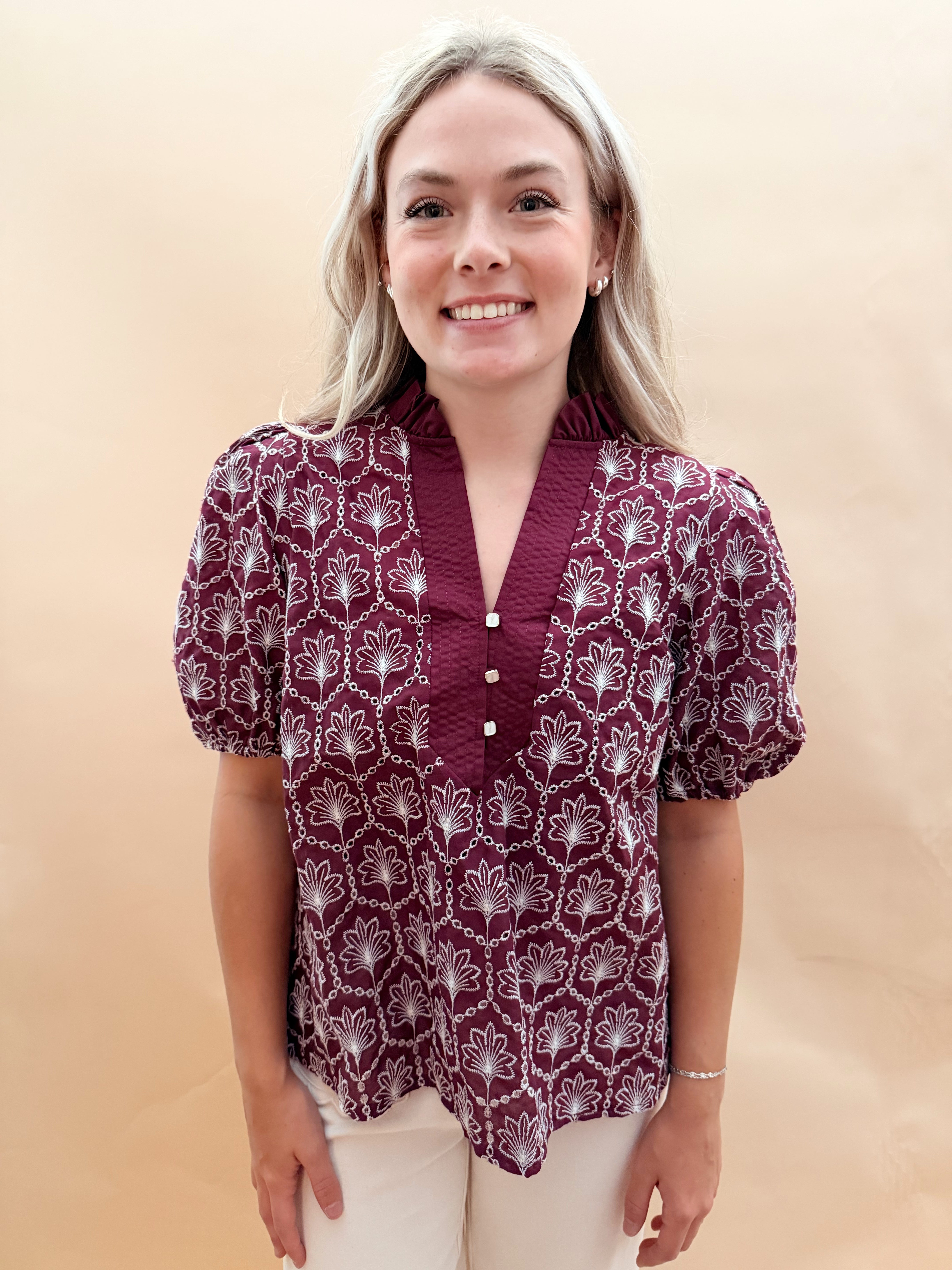 Ruffled Neck Patterned Blouse
