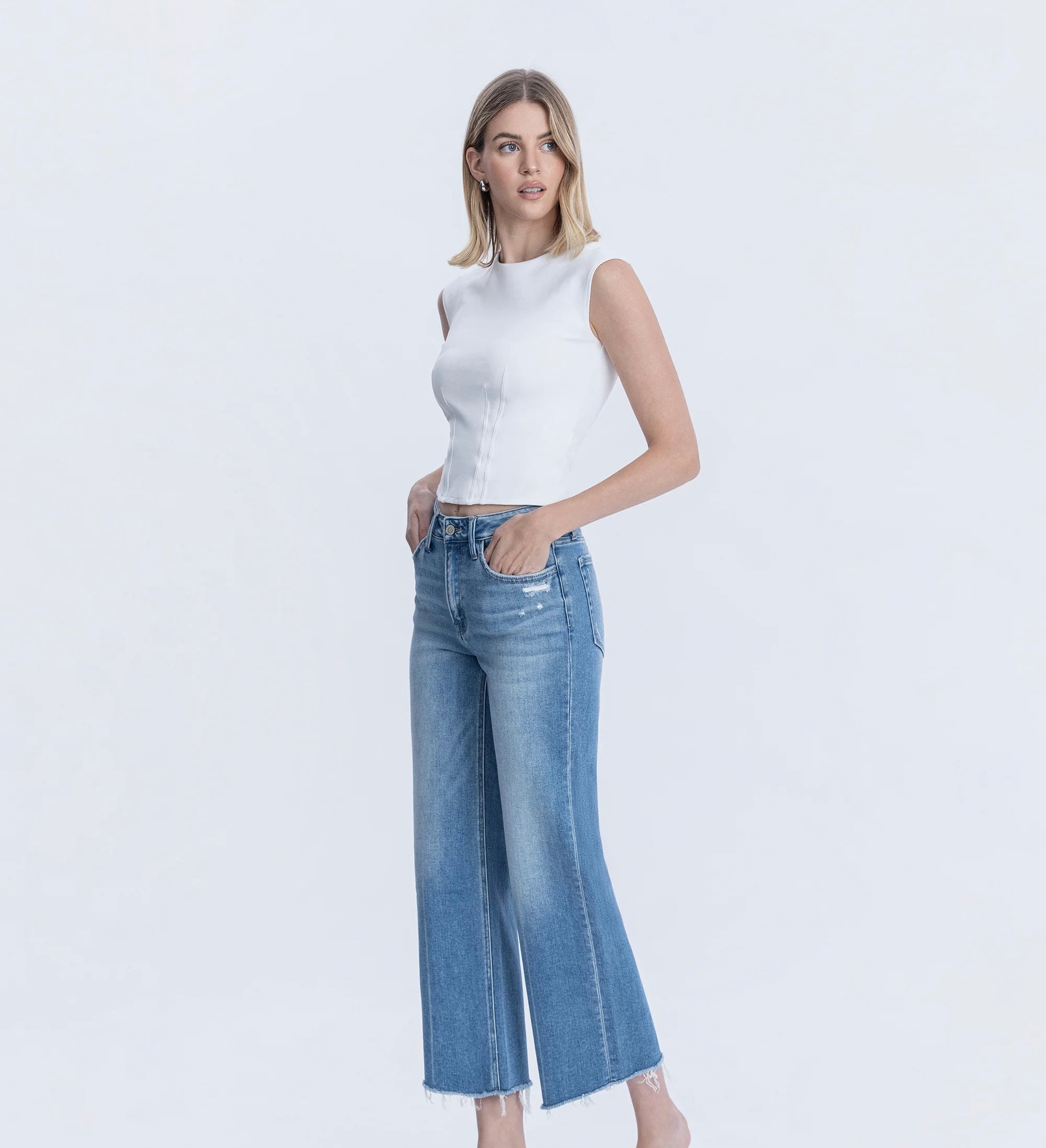 High rise raw hem crop slim wide leg vervet