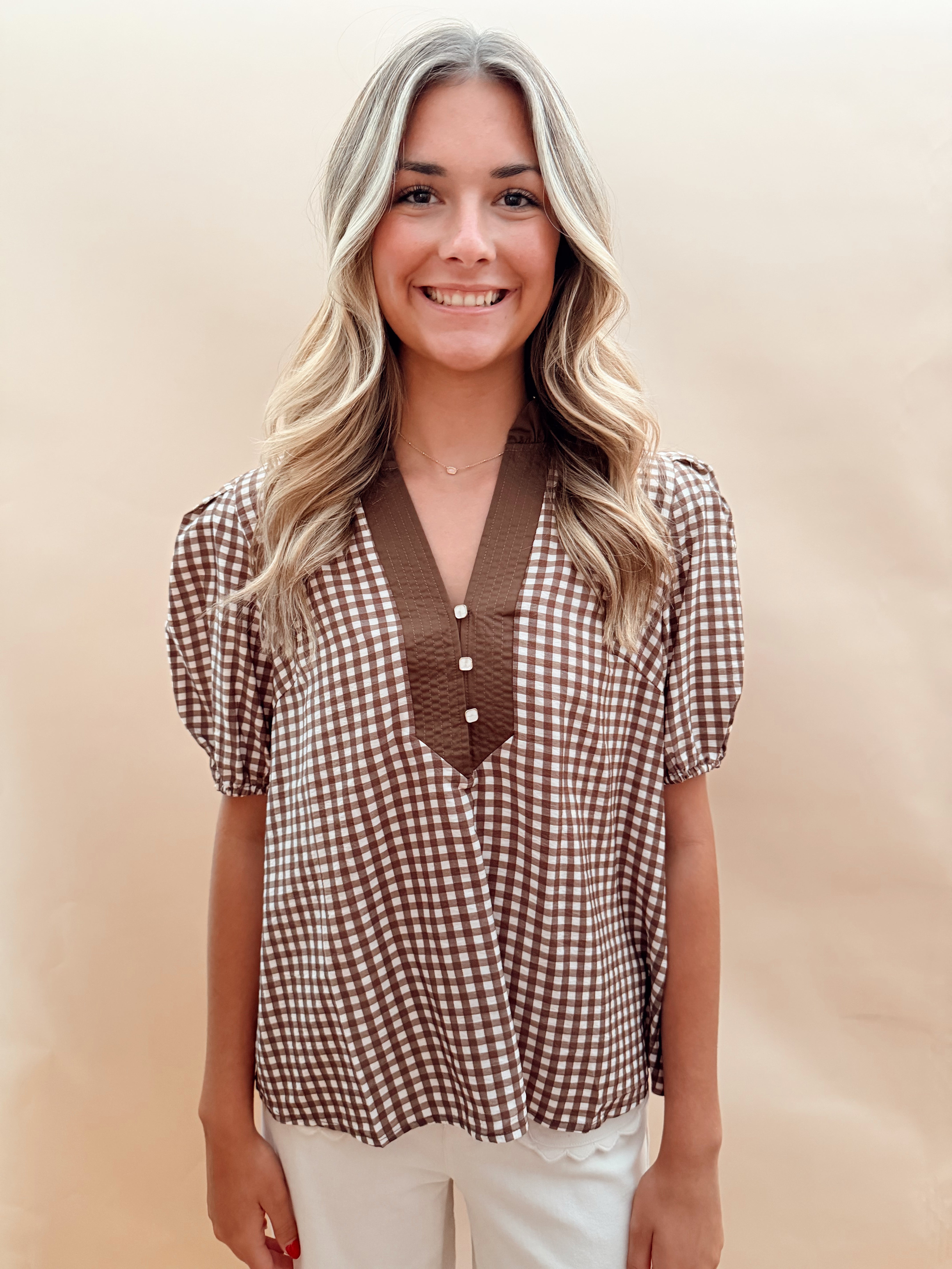 Short sleeved plaid blouse