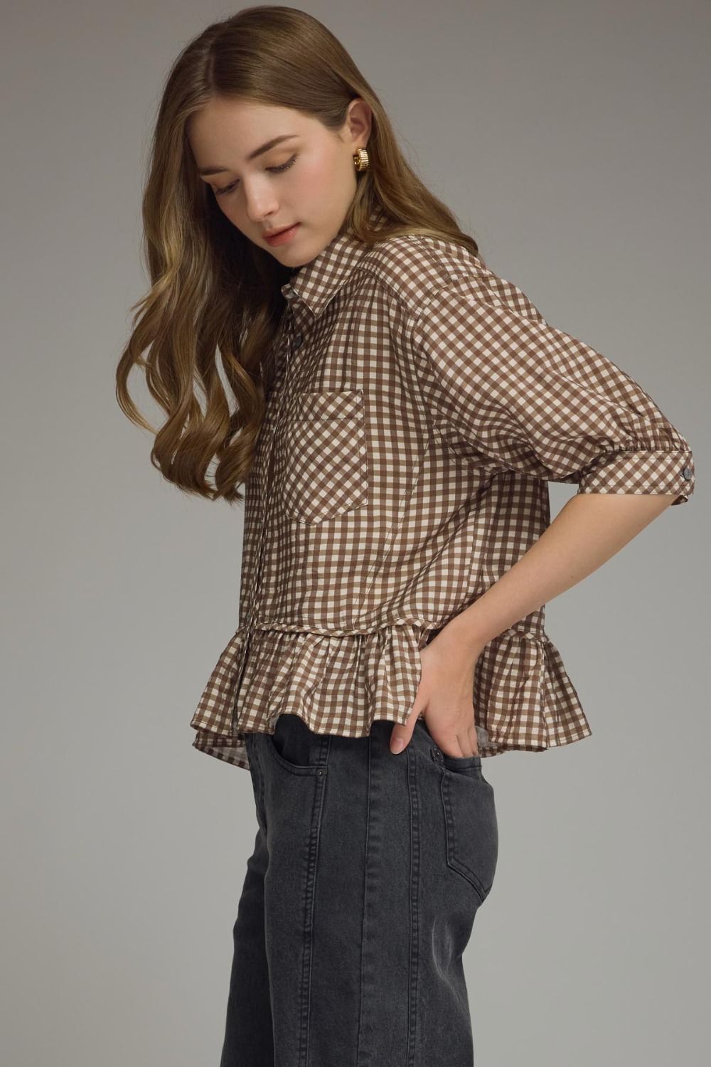 Gingham peplum button down top