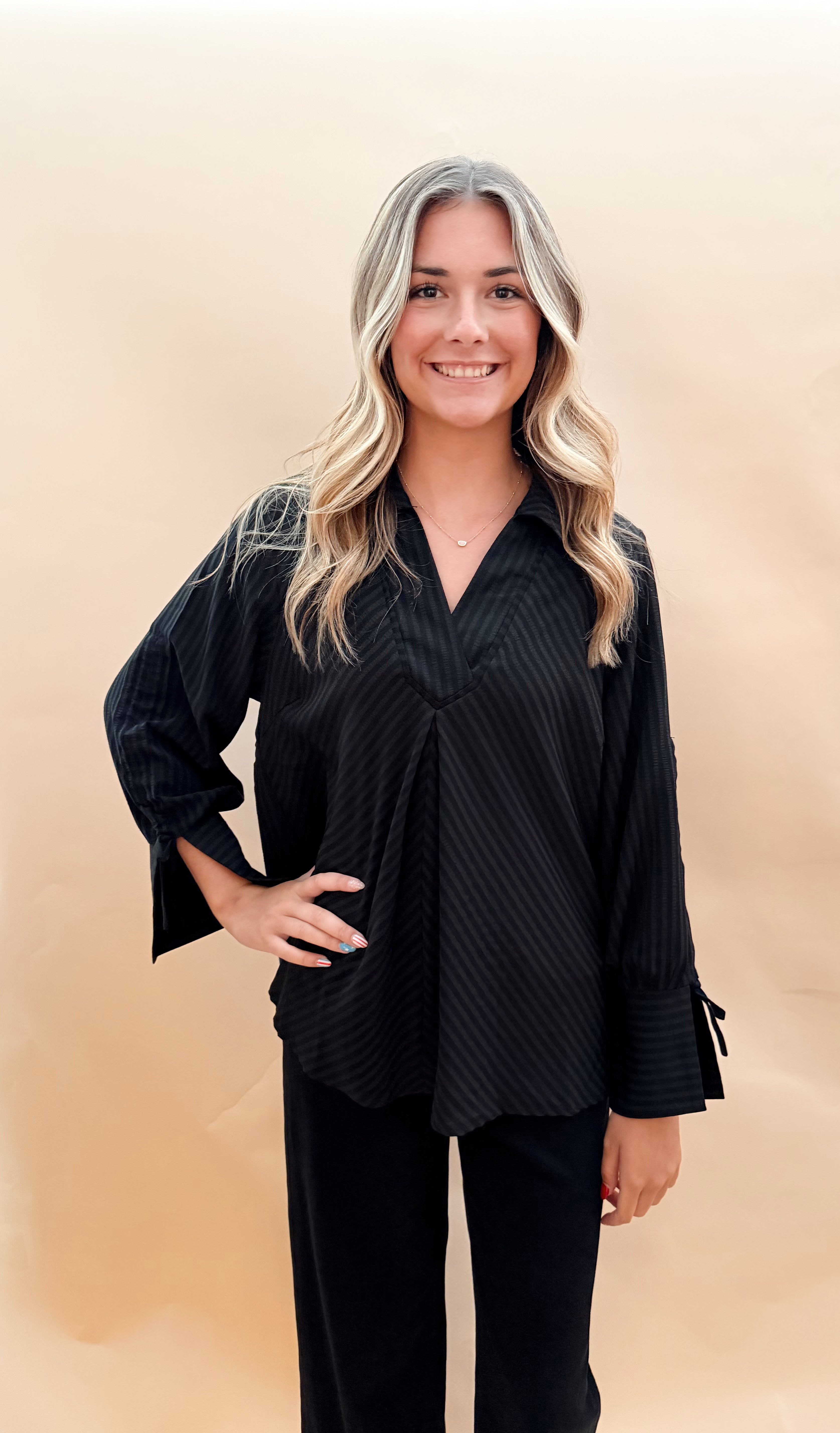 Stripe V-neck Collar Top Front Pleat