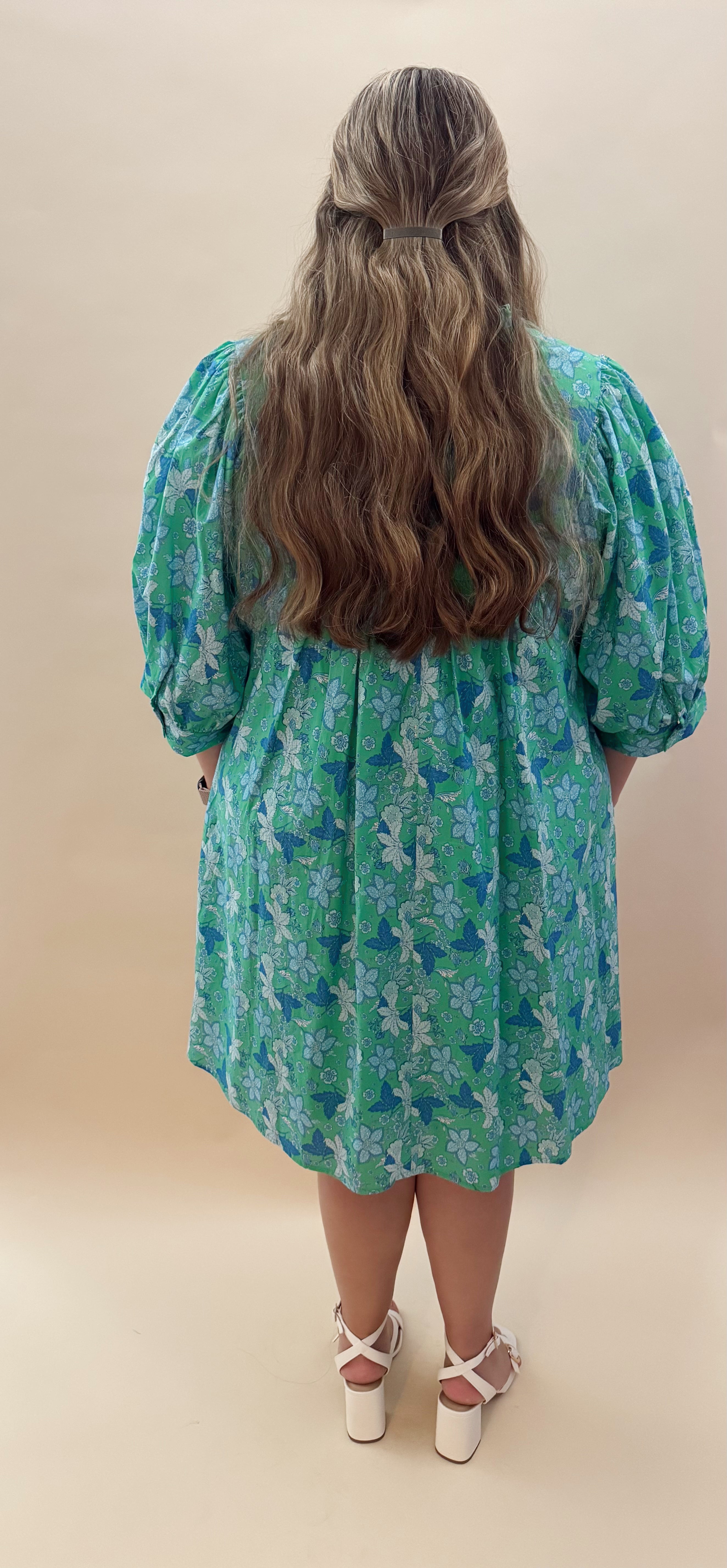 Green and blue floral dress