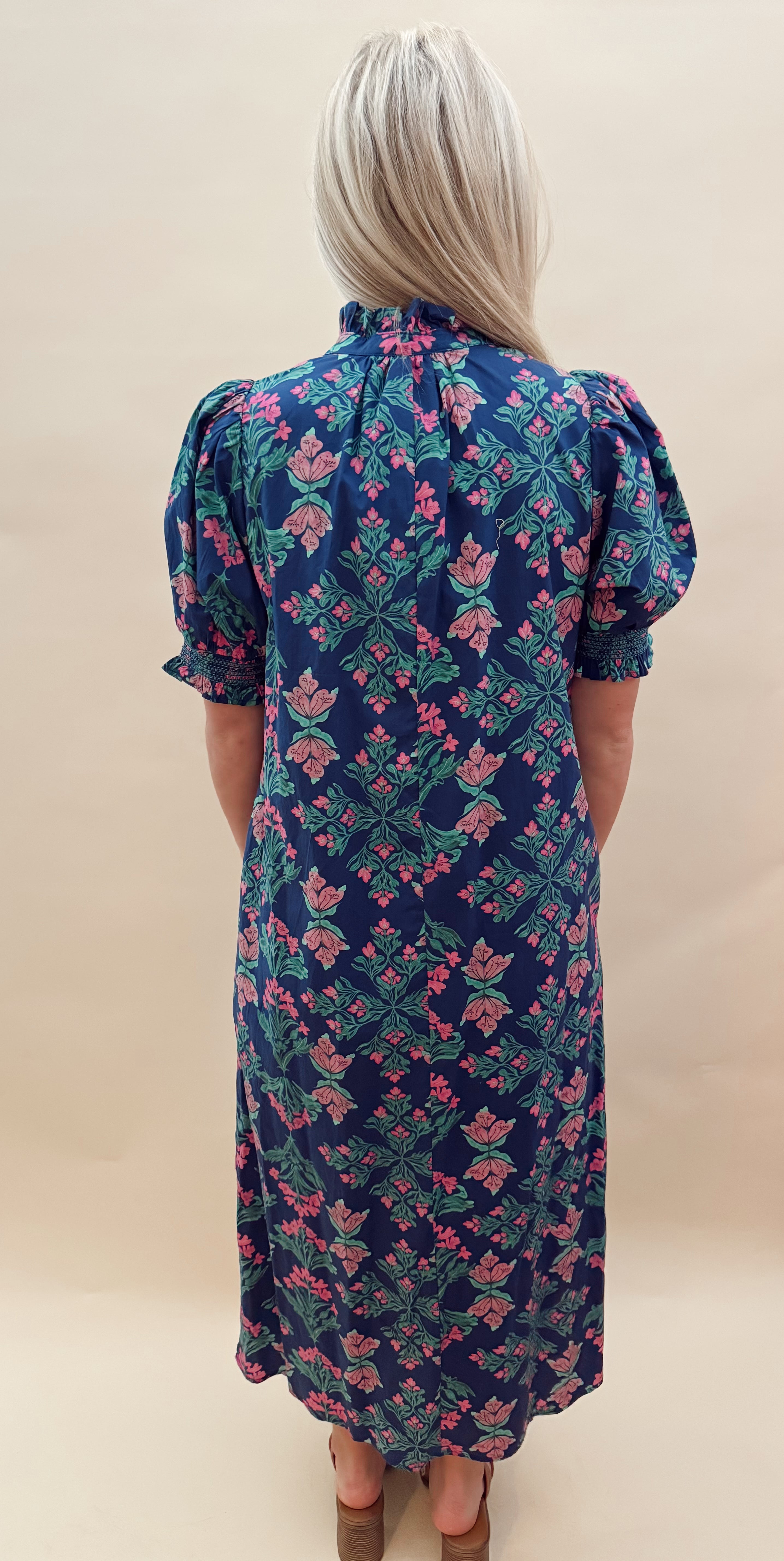 Pink and navy ruffle collar maxi dress
