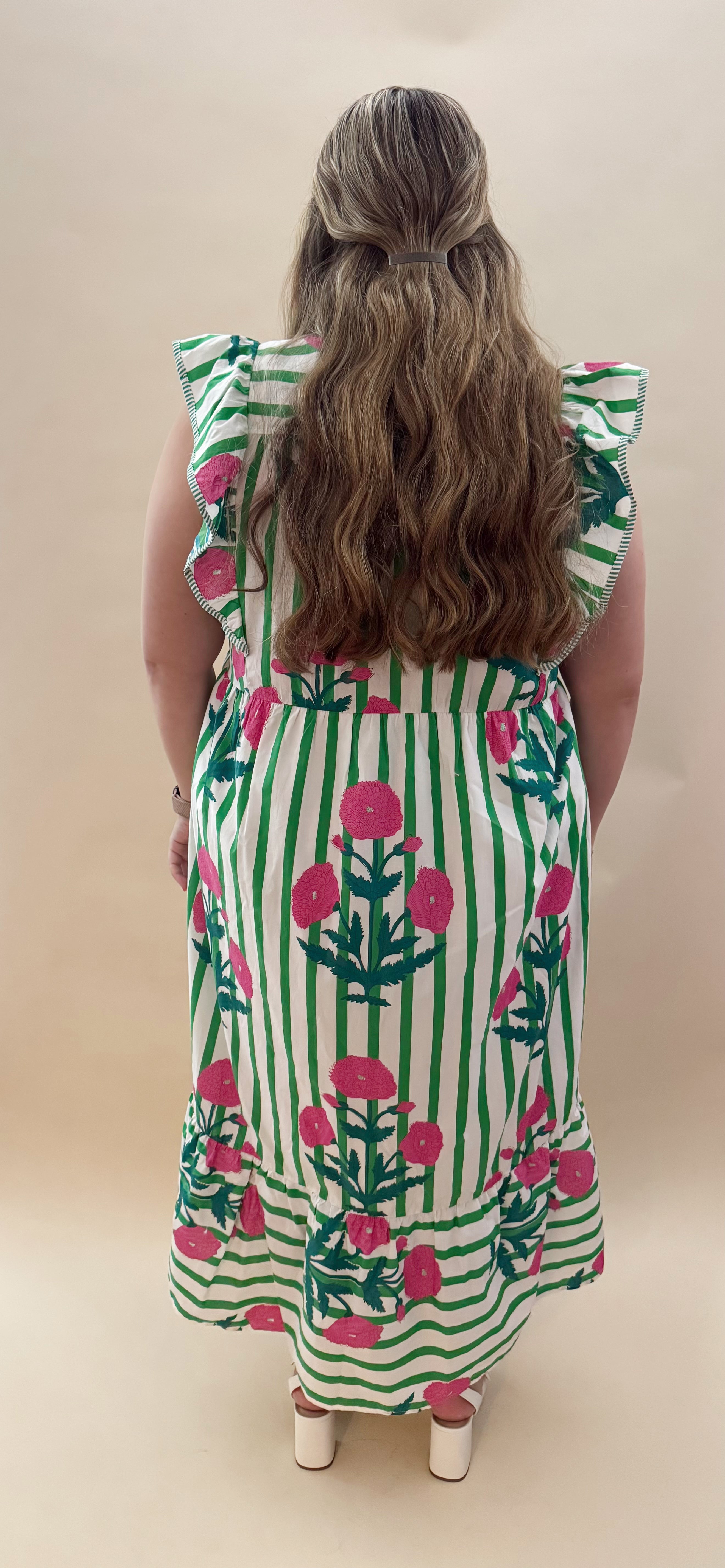 Green and white striped sleeveless dress