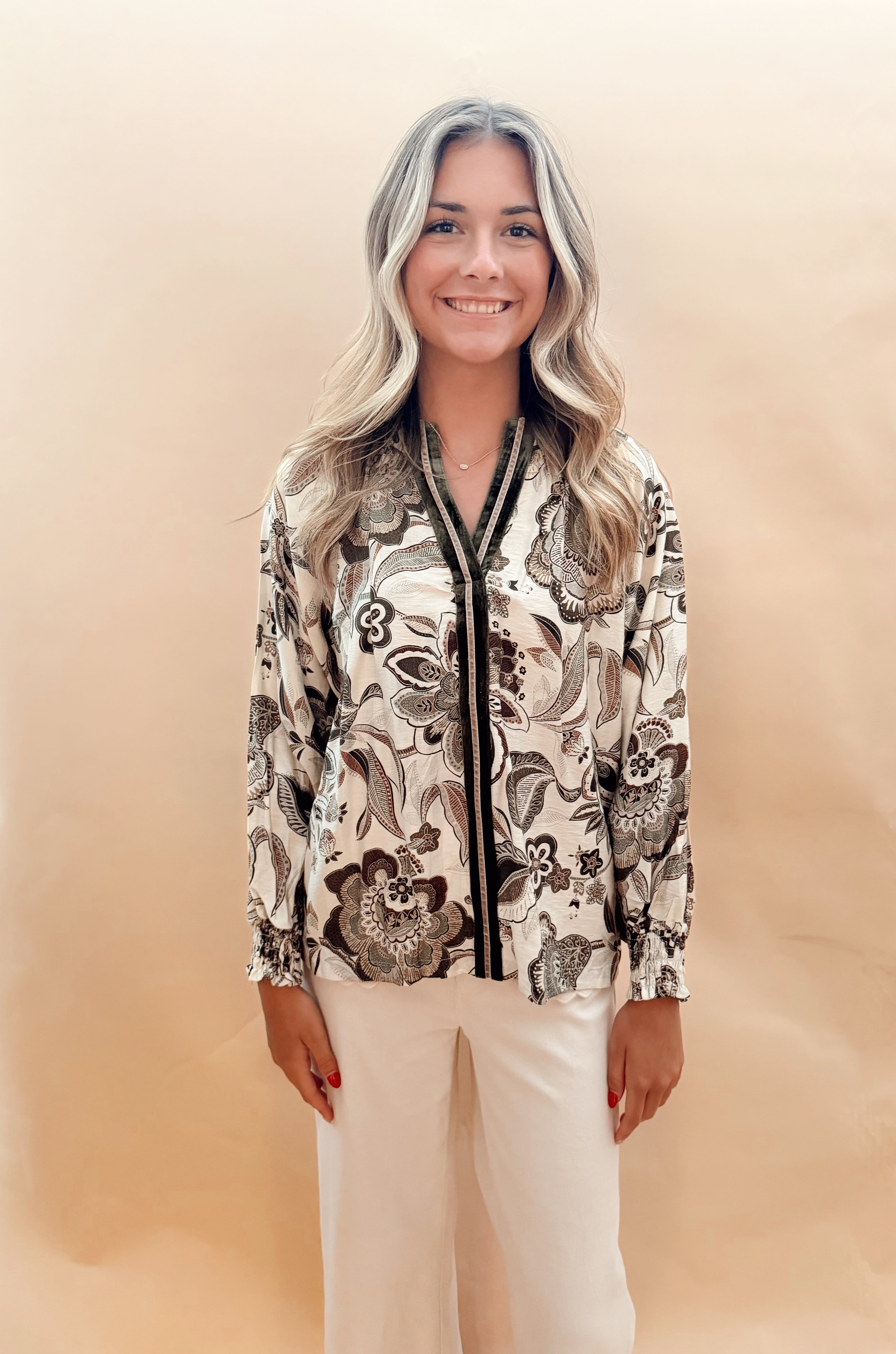 Abstract Print Smocked Neck Top