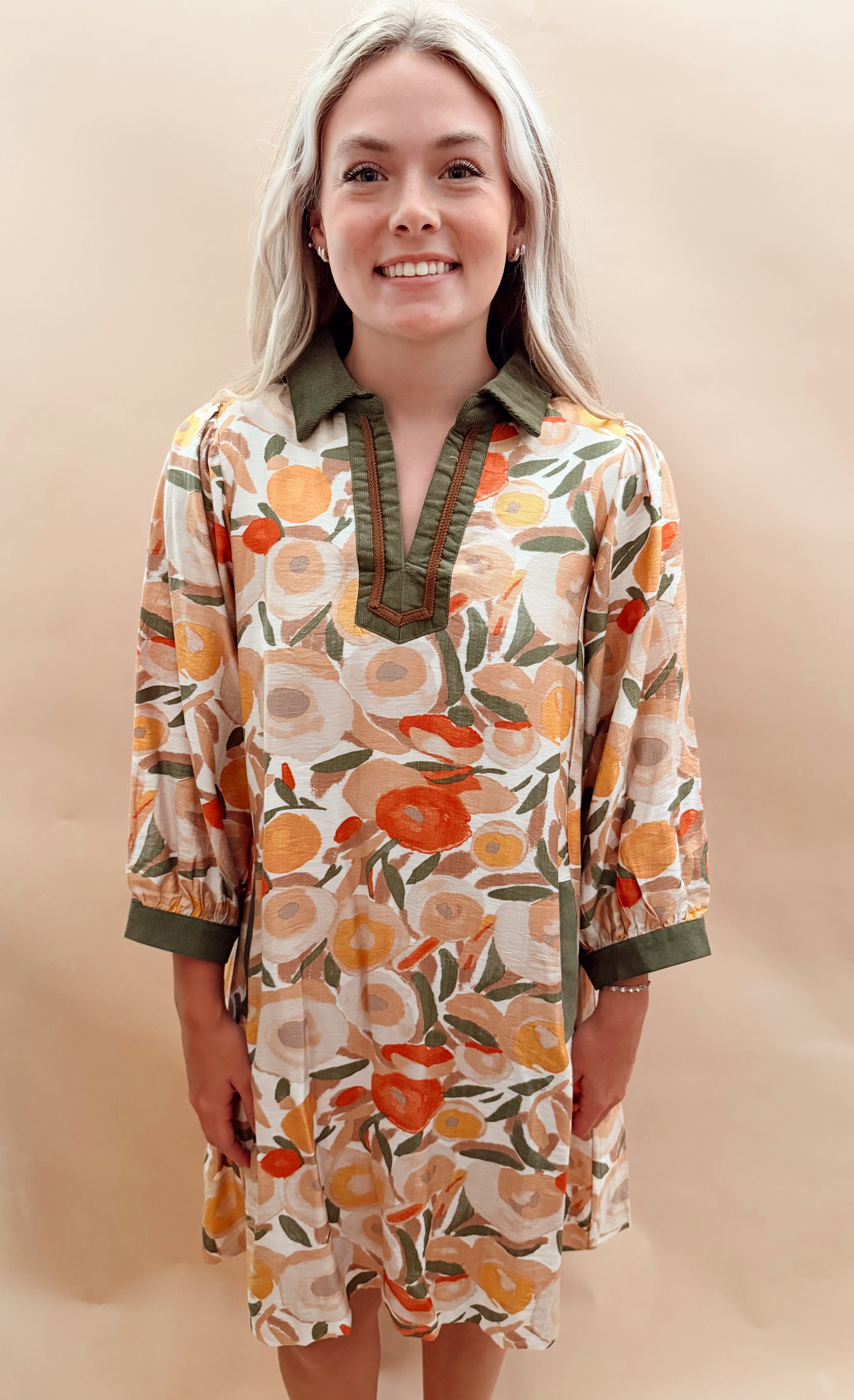 Collared puff sleeve print dress