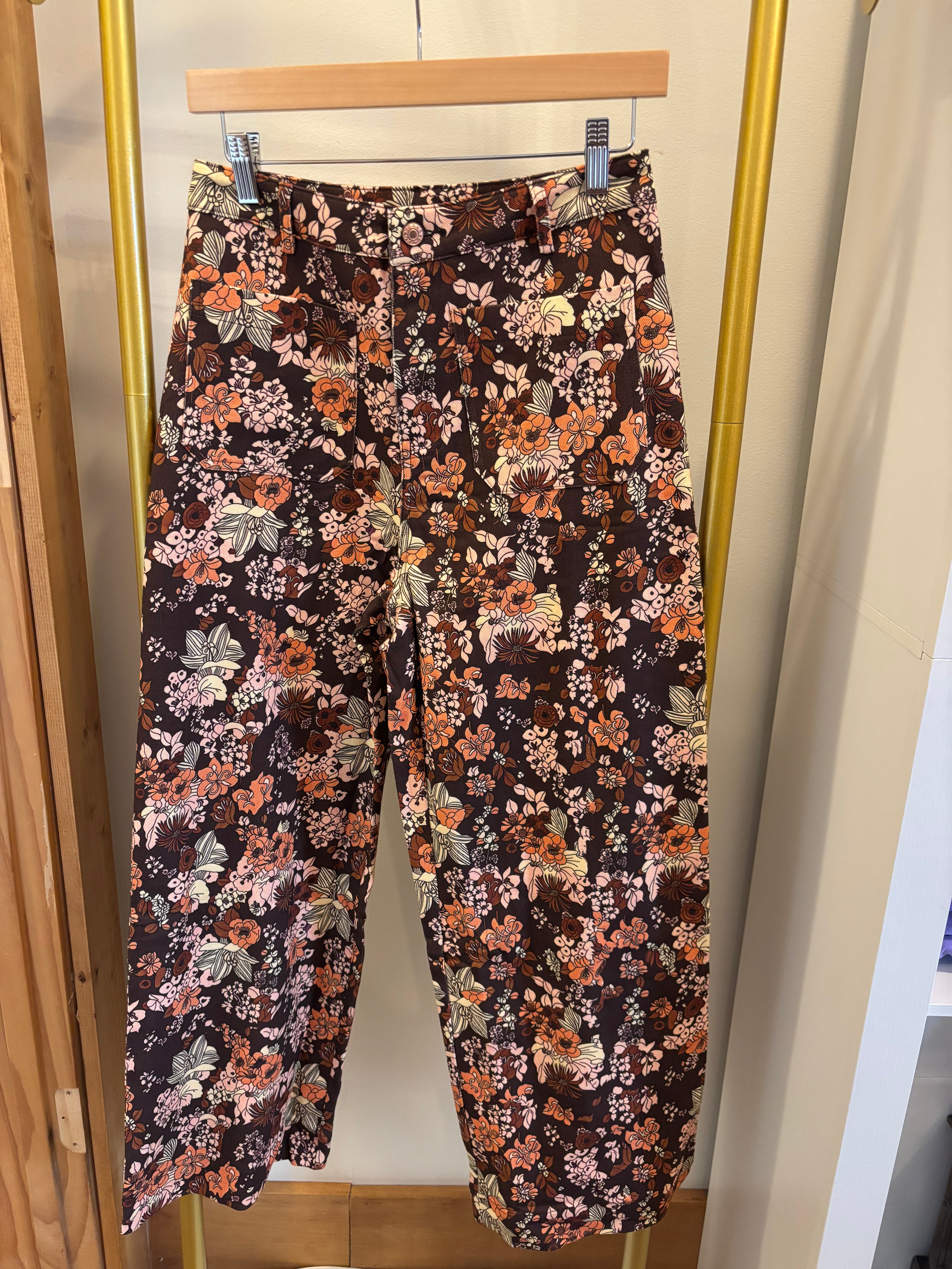 Brown floral print wide leg pant