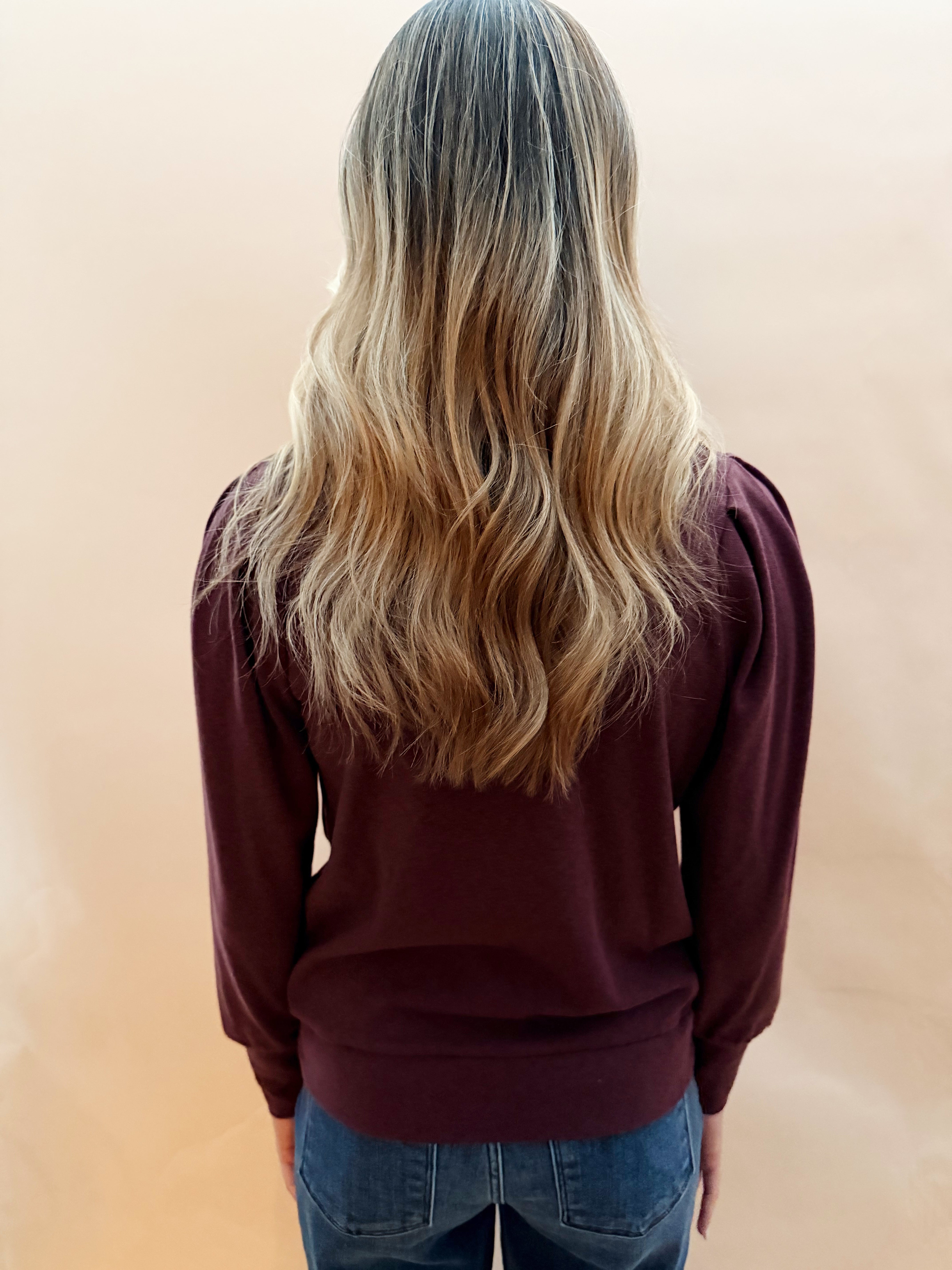 Crew neck pleated sleeve top