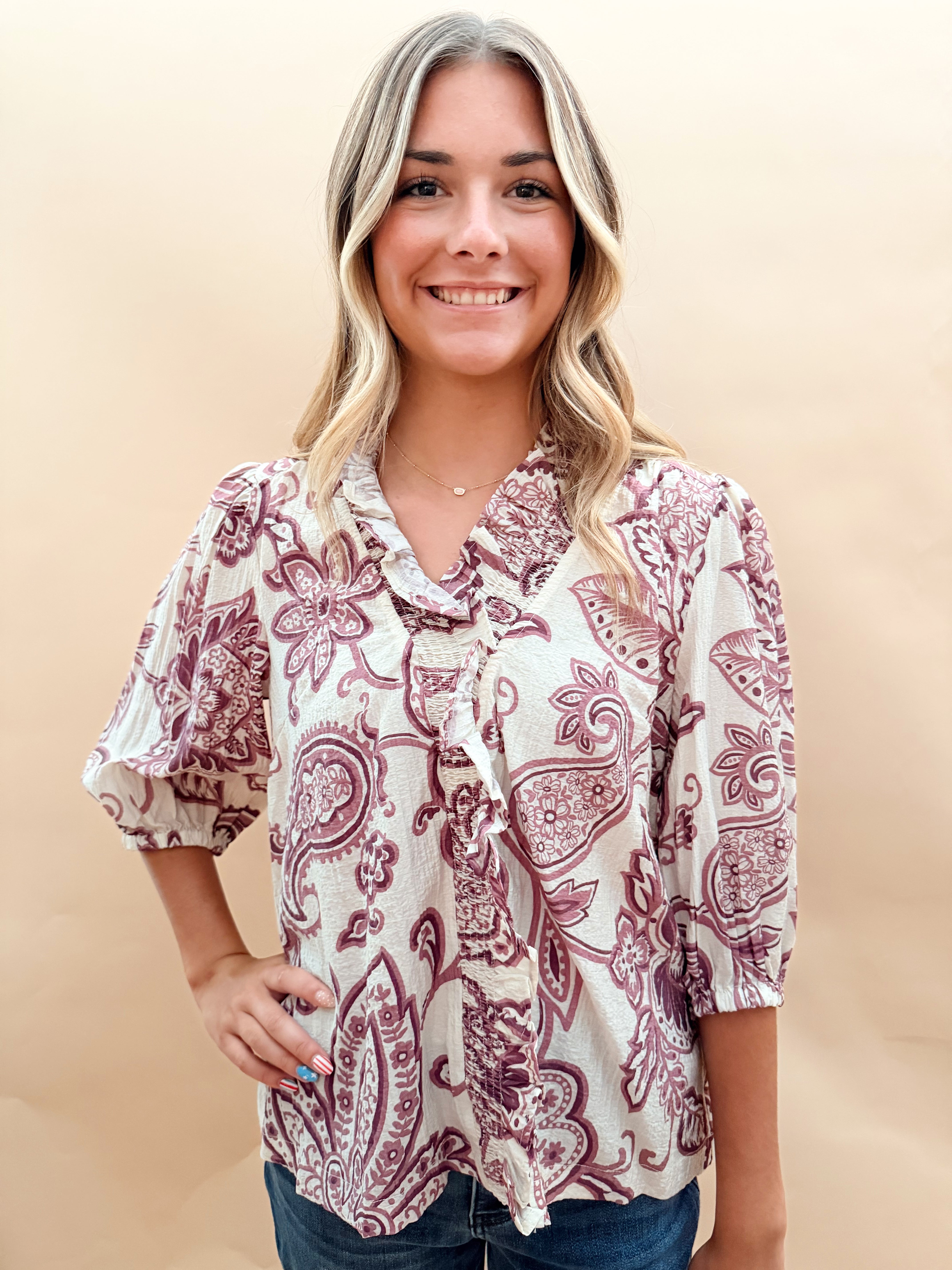 Print top smocked ruffle details