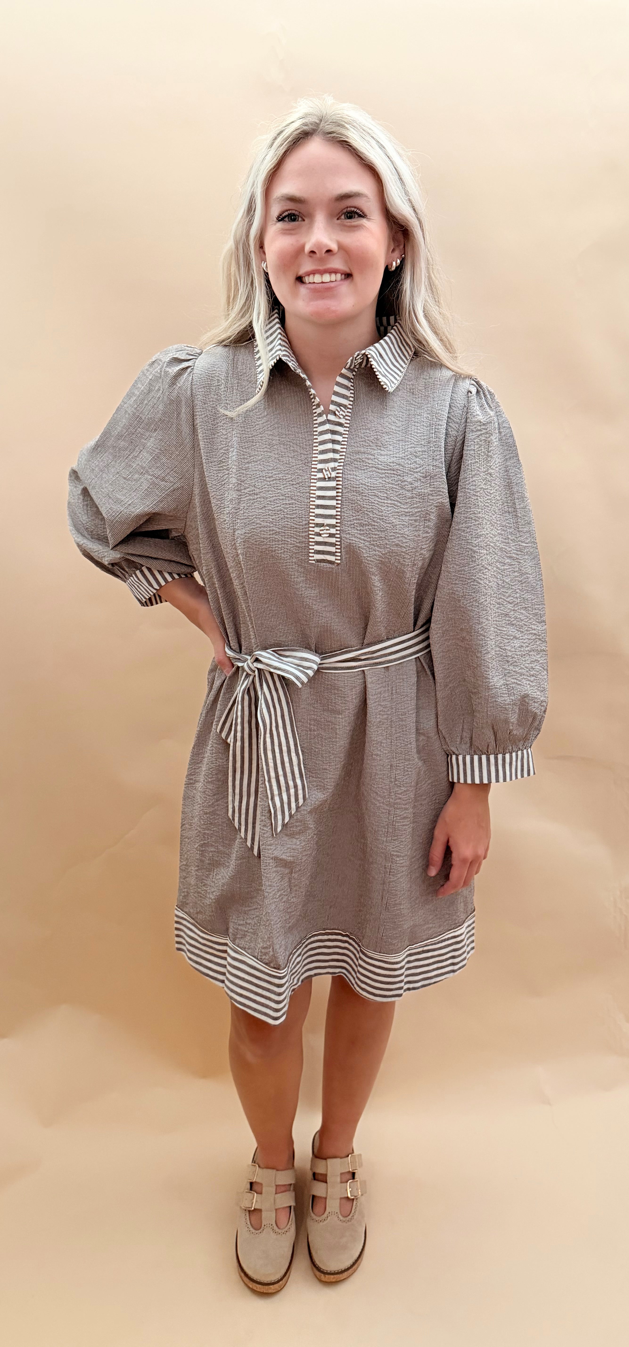Puff sleeve collared knee length dress
