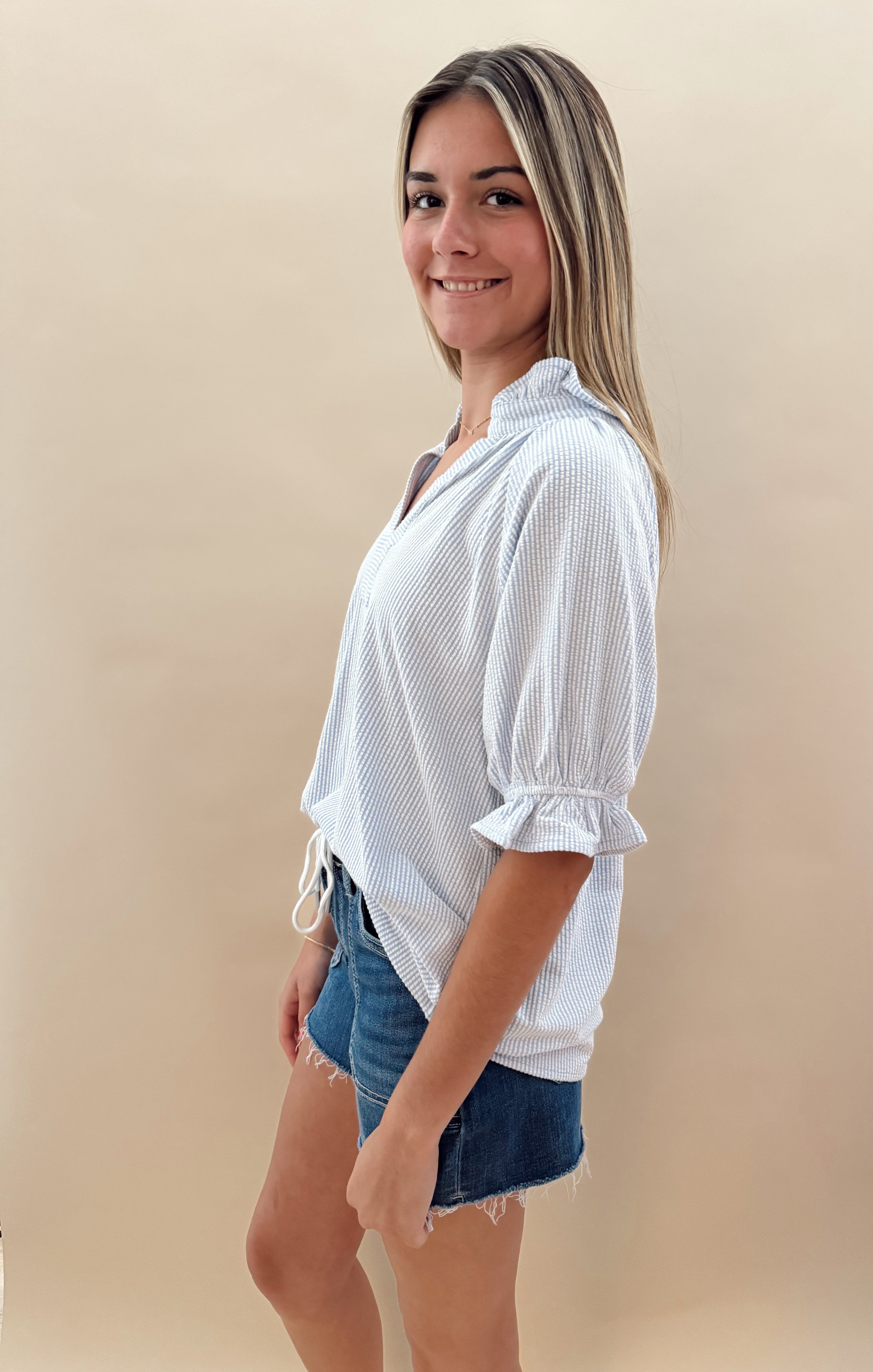 Seersucker blue top