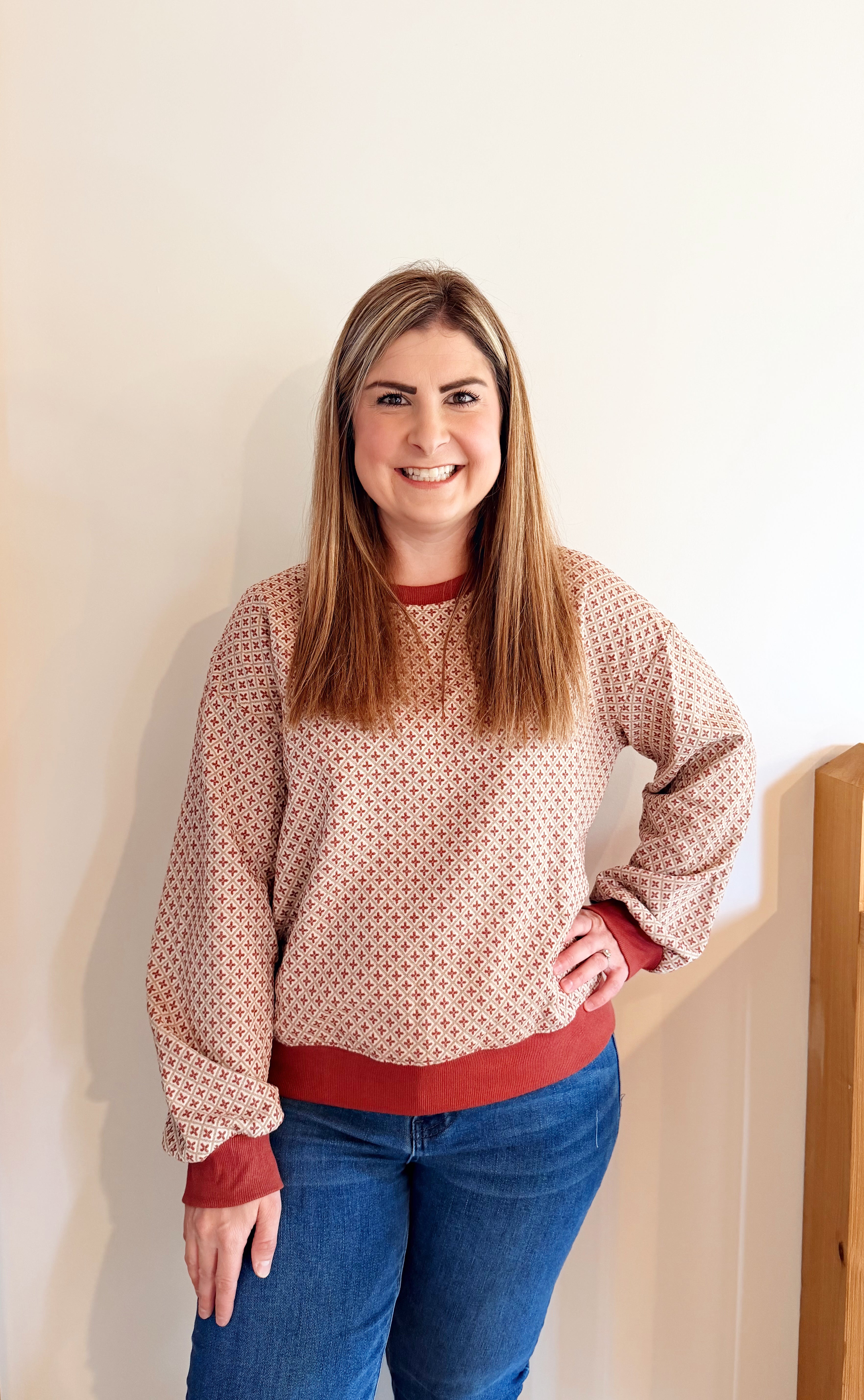 Printed crewneck long sleeve top