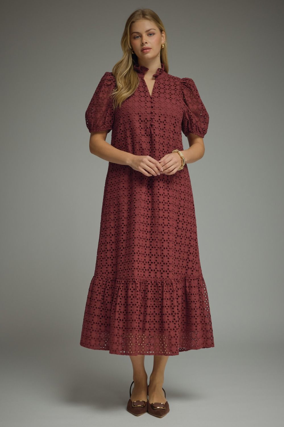 Short sleeve eyelet maxi dress