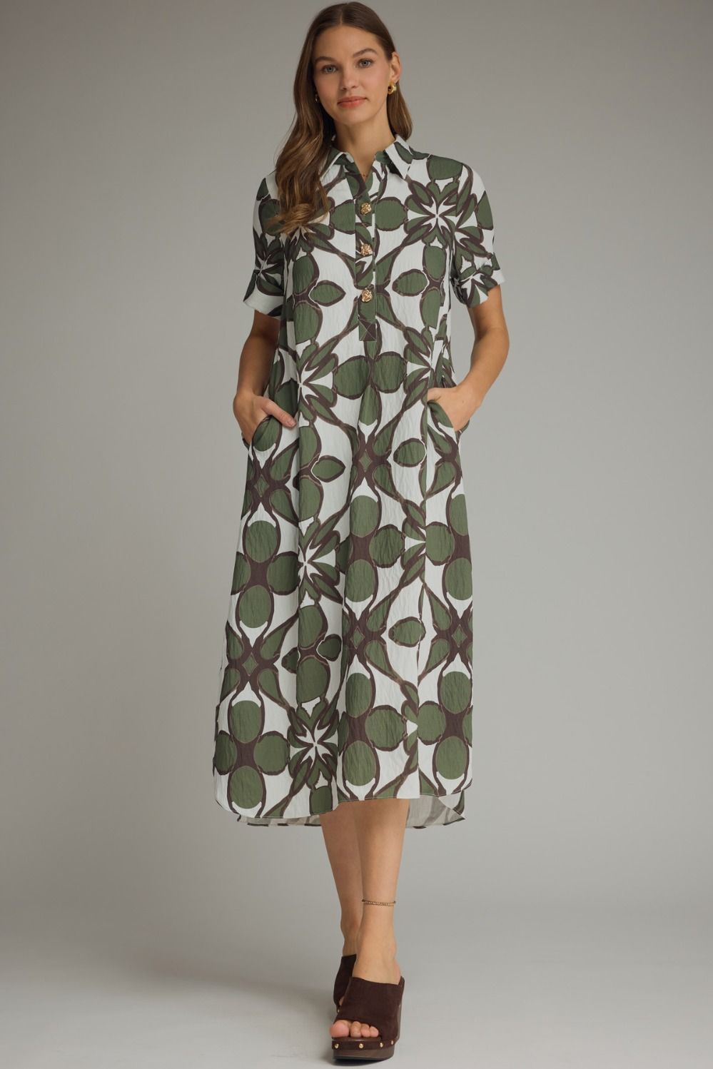 Pattern maxi dress gold buttons