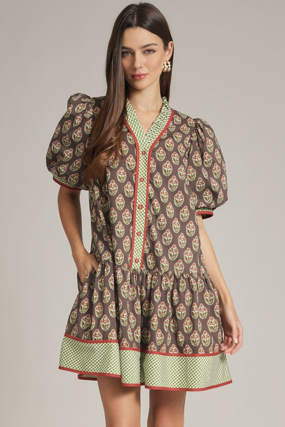 Print gingham trim ruffle hem dress