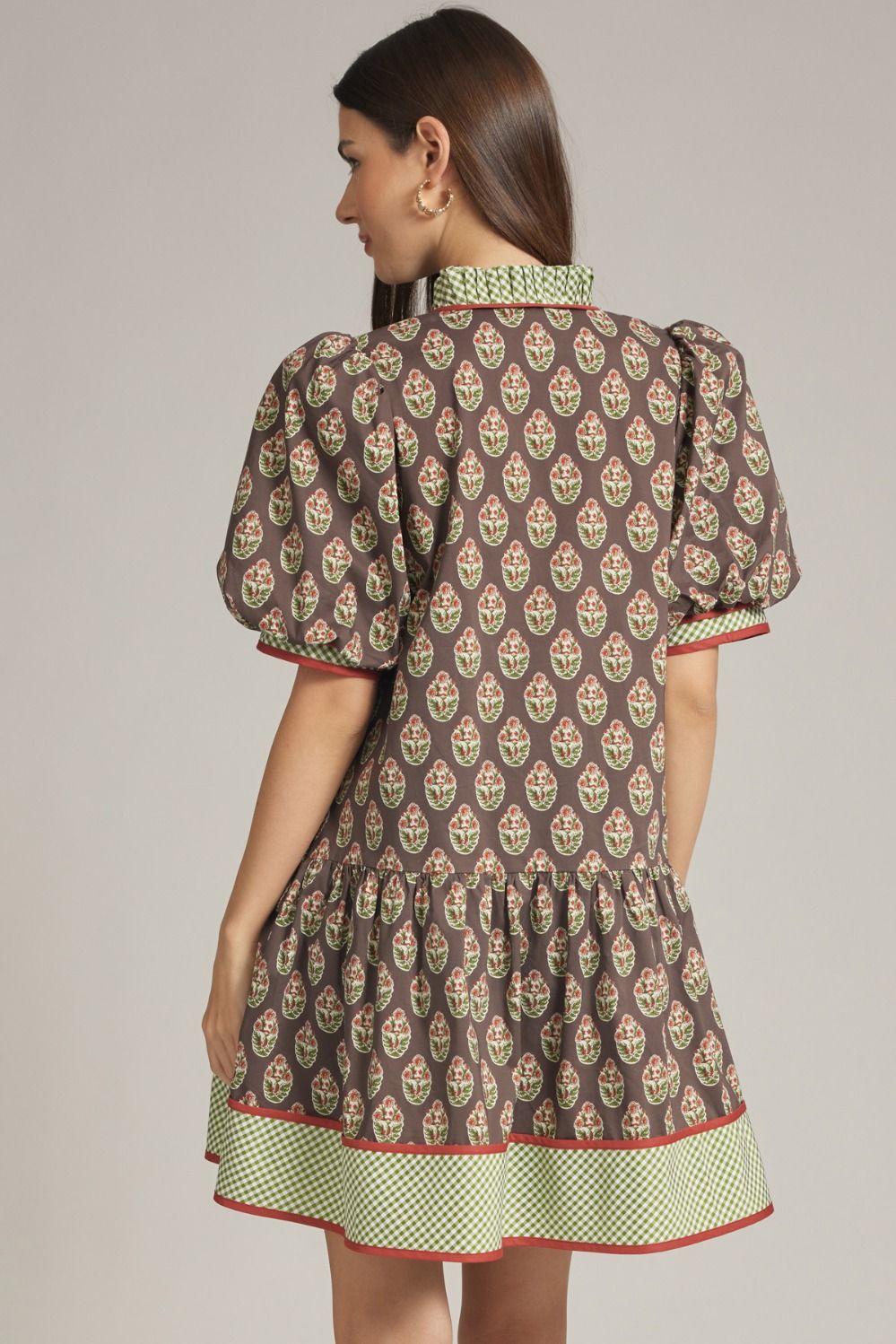 Print gingham trim ruffle hem dress