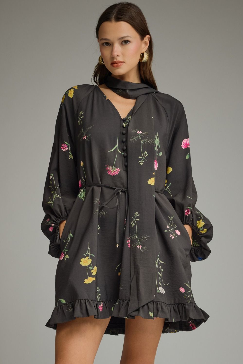 Floral print neck tie dress