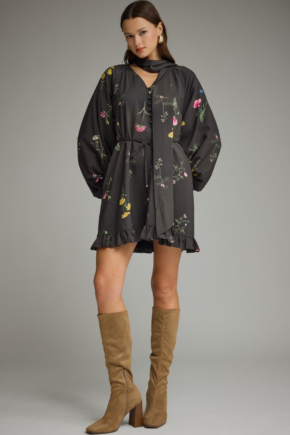 Floral print neck tie dress