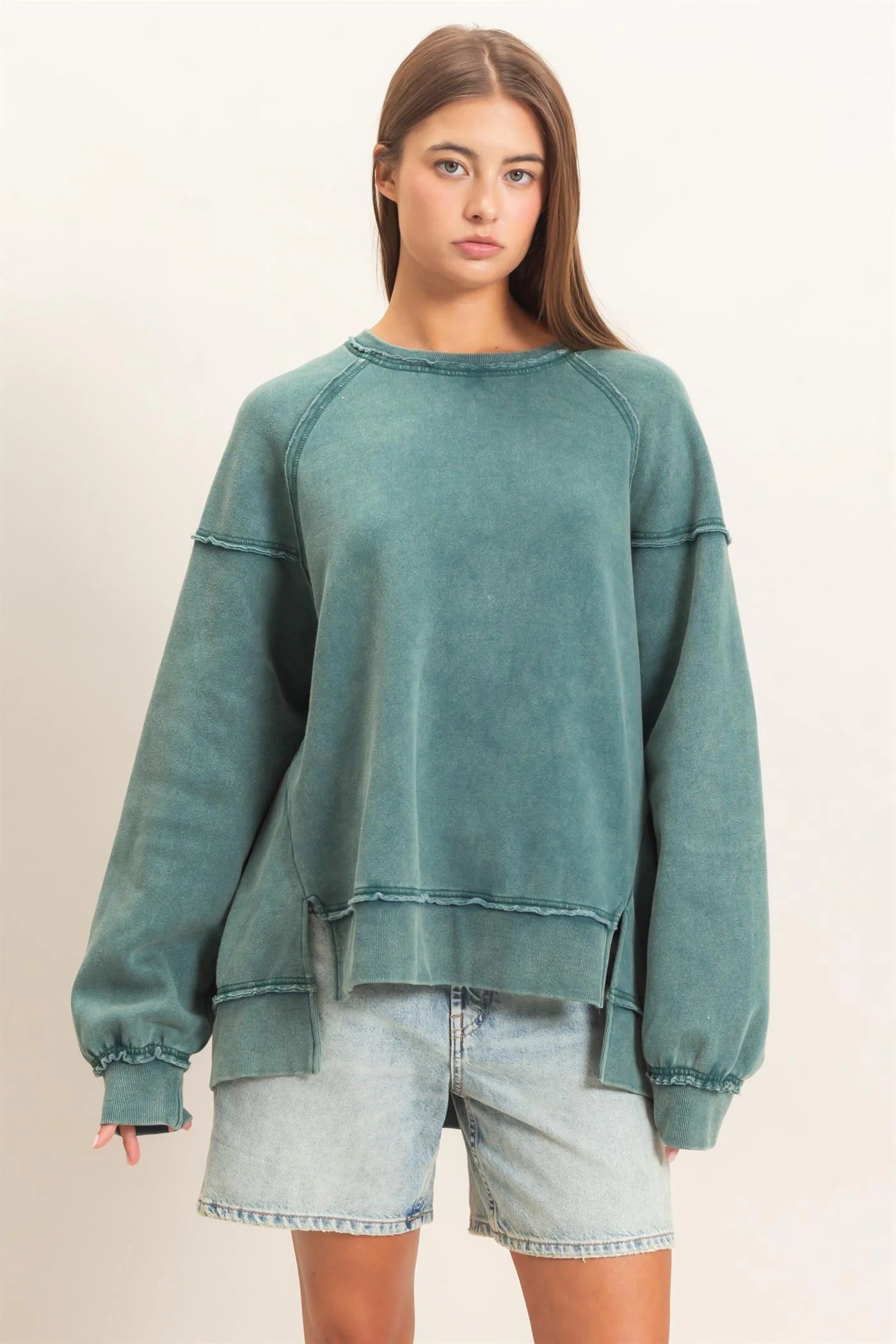 Acid Wash Raw Edge Sweatshirt