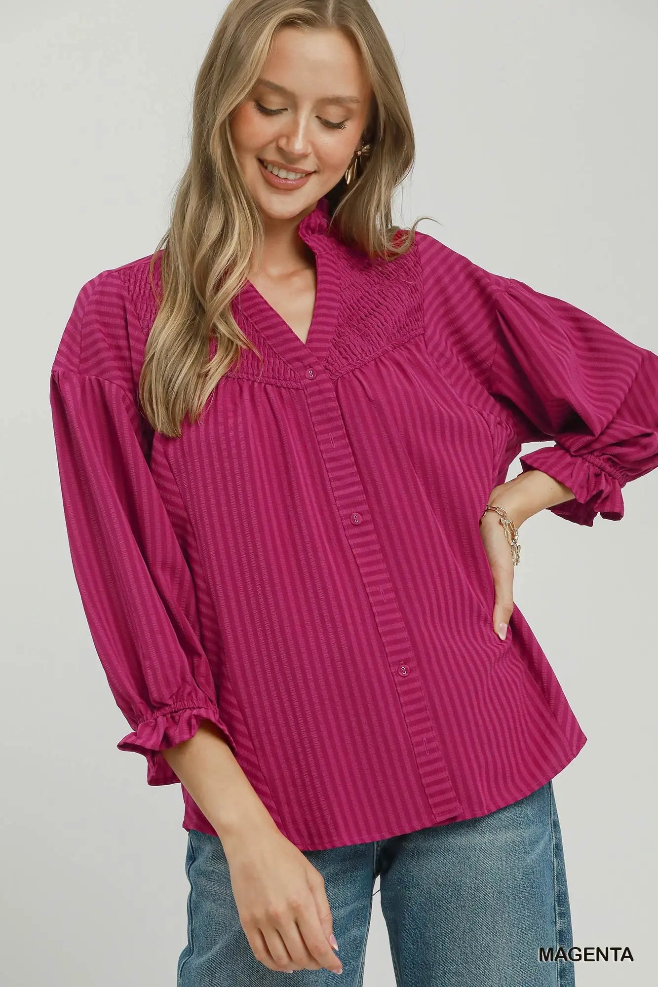 Striped searsucker button front blouse