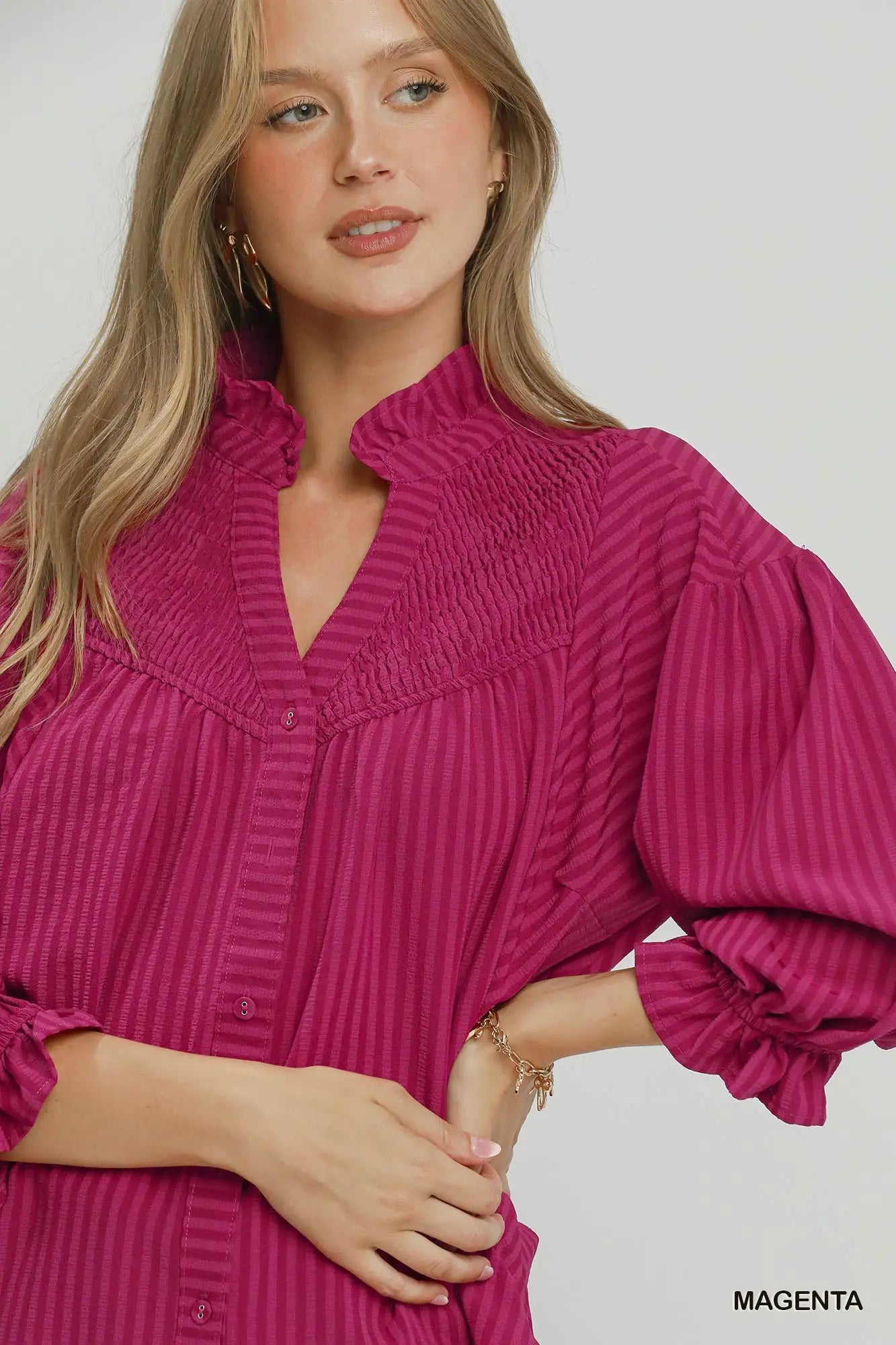 Striped searsucker button front blouse