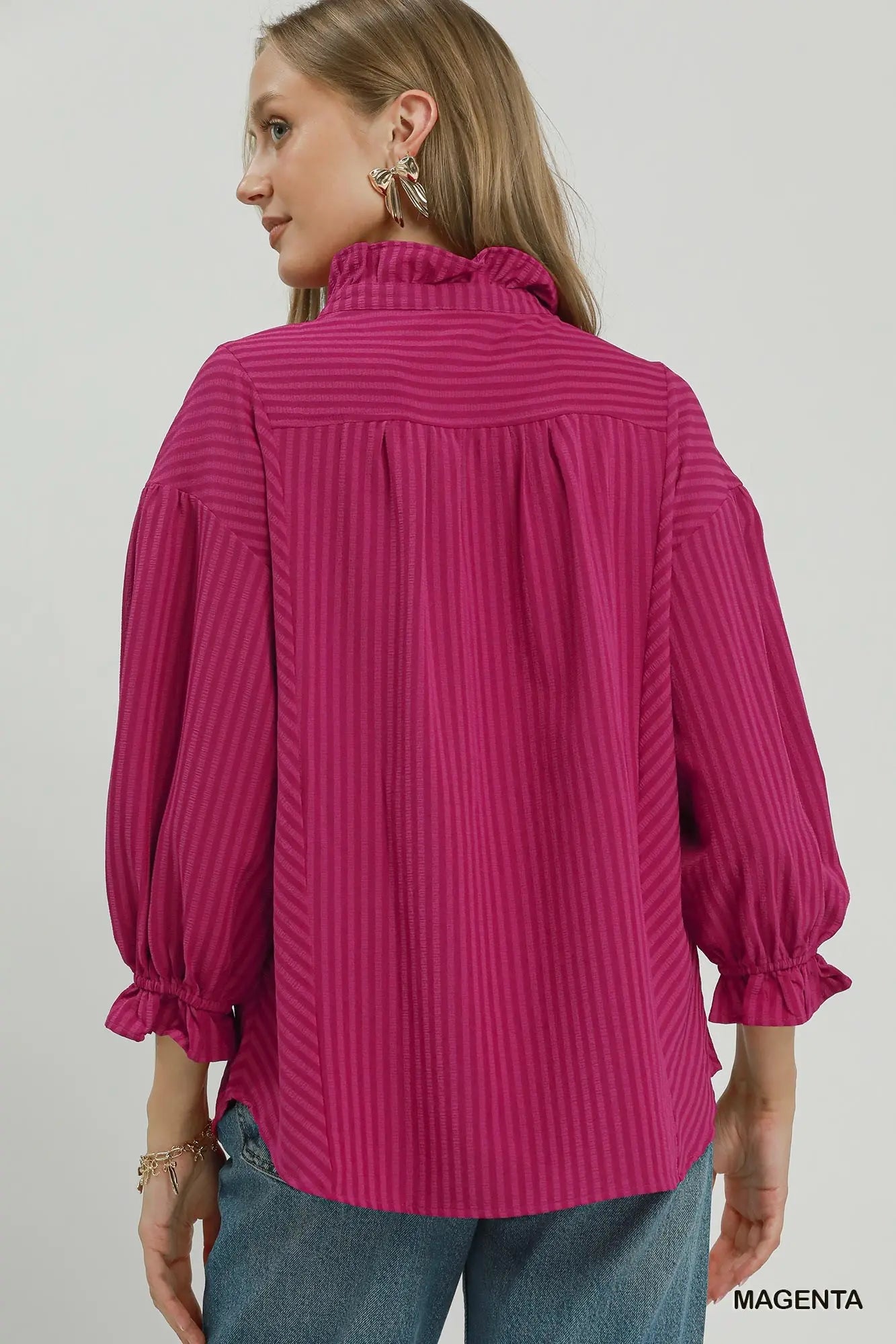 Striped searsucker button front blouse