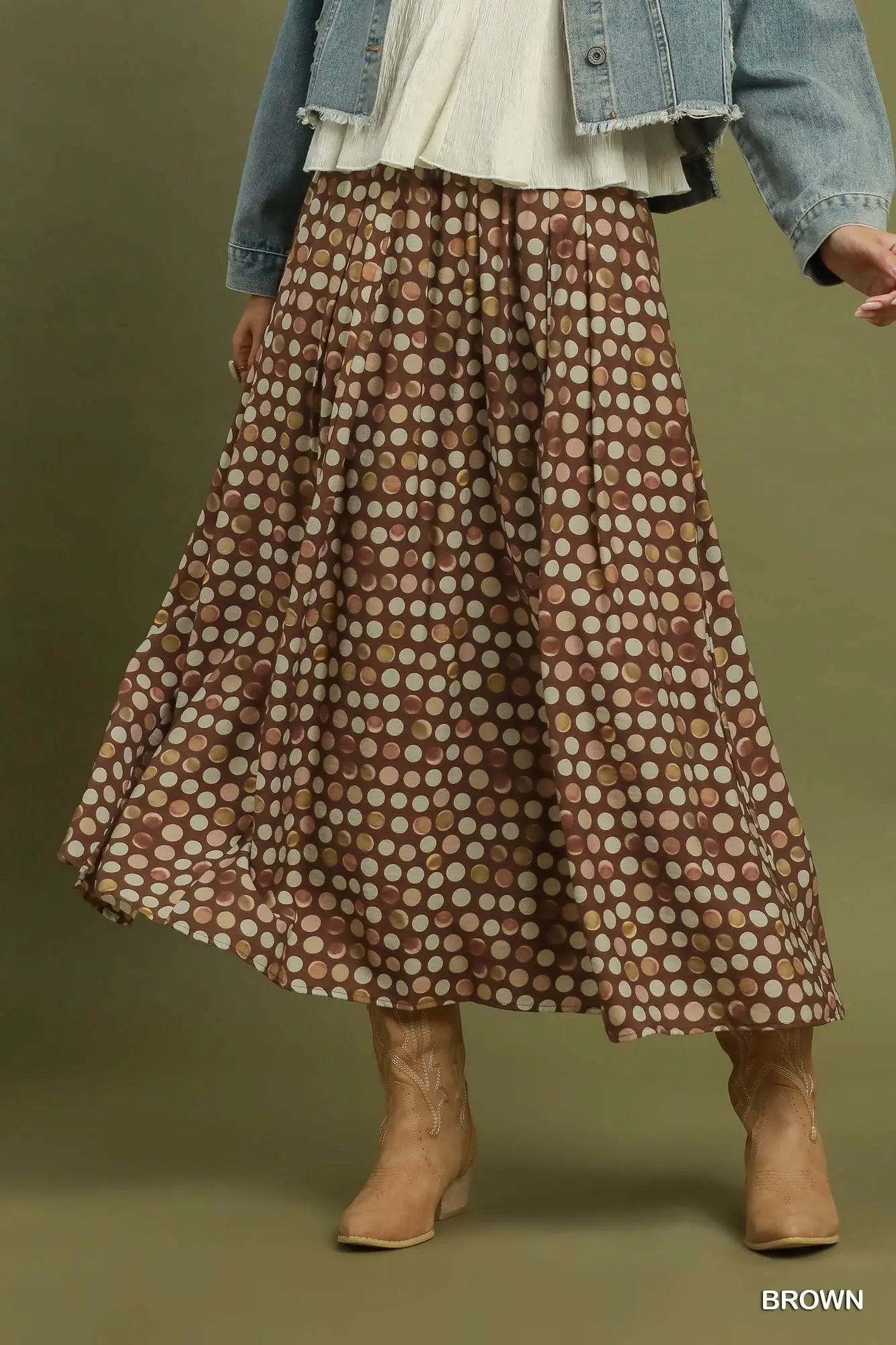 Polka dot pleated maxi skirt
