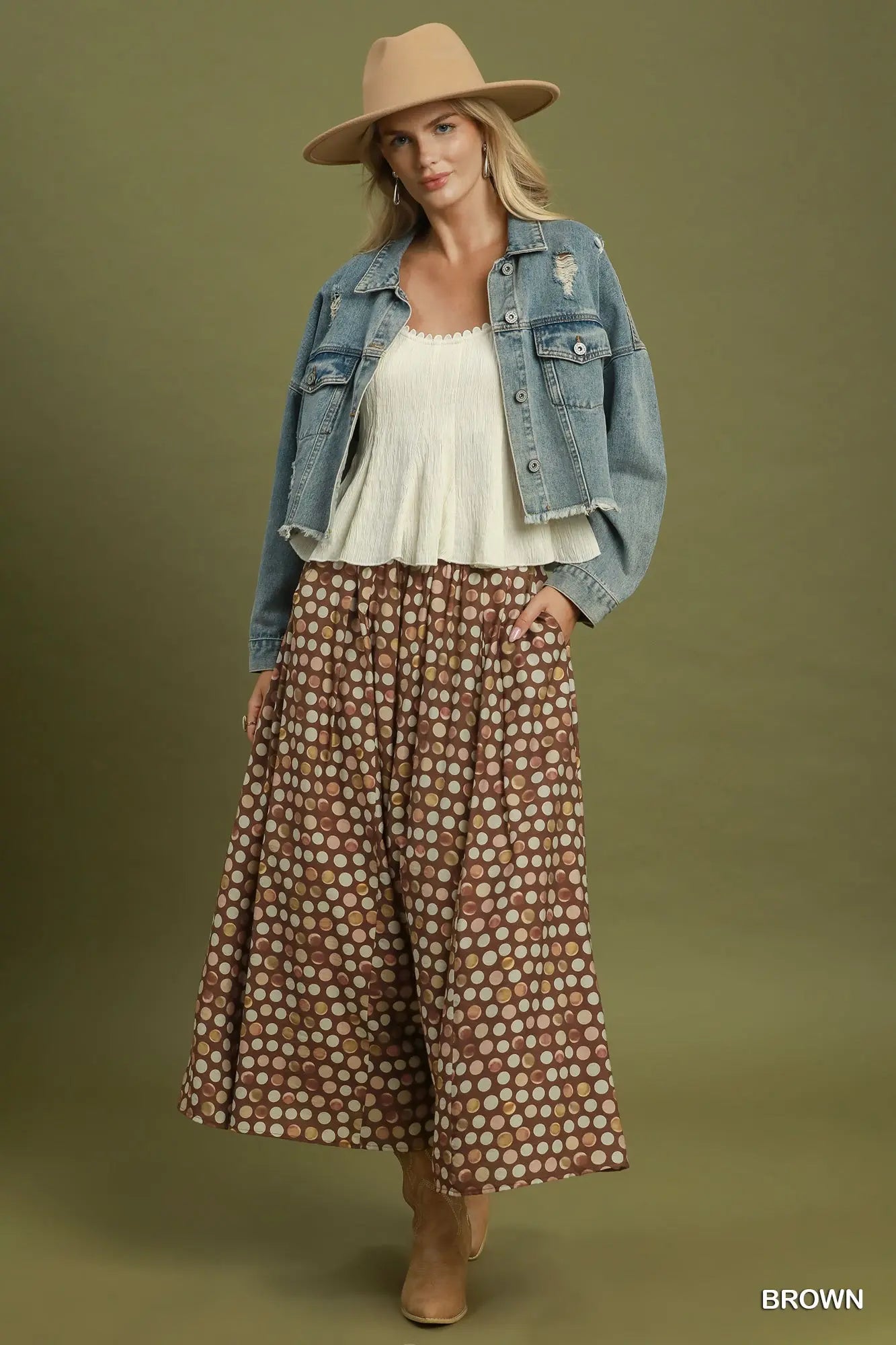 Polka dot pleated maxi skirt