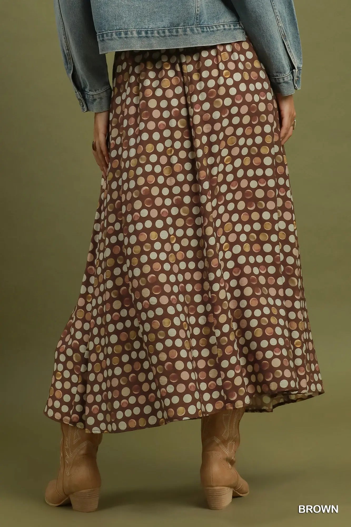 Polka dot pleated maxi skirt