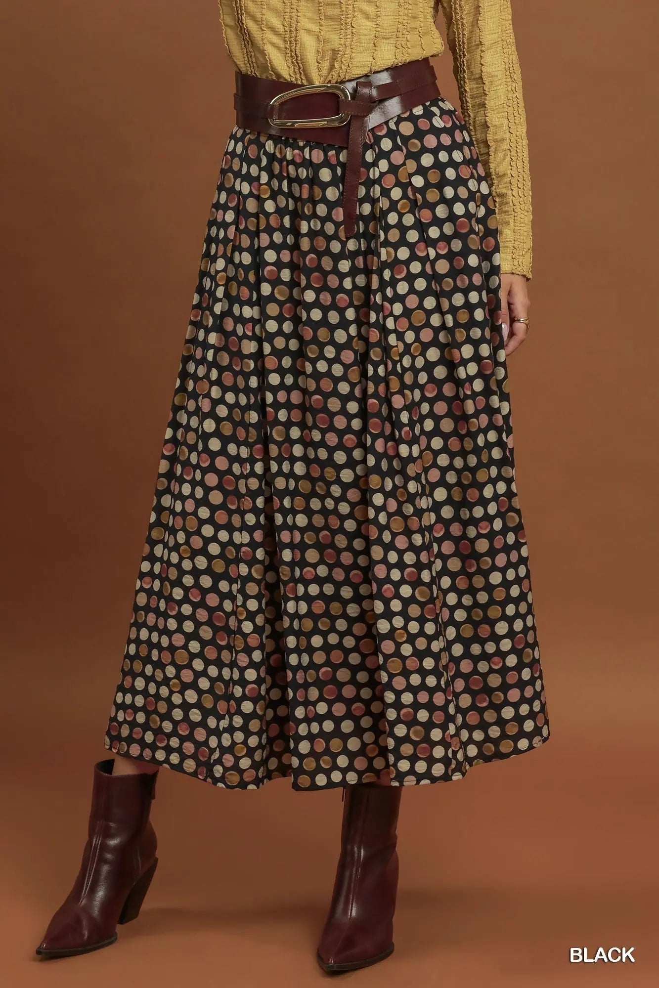 Polka dot pleated maxi skirt