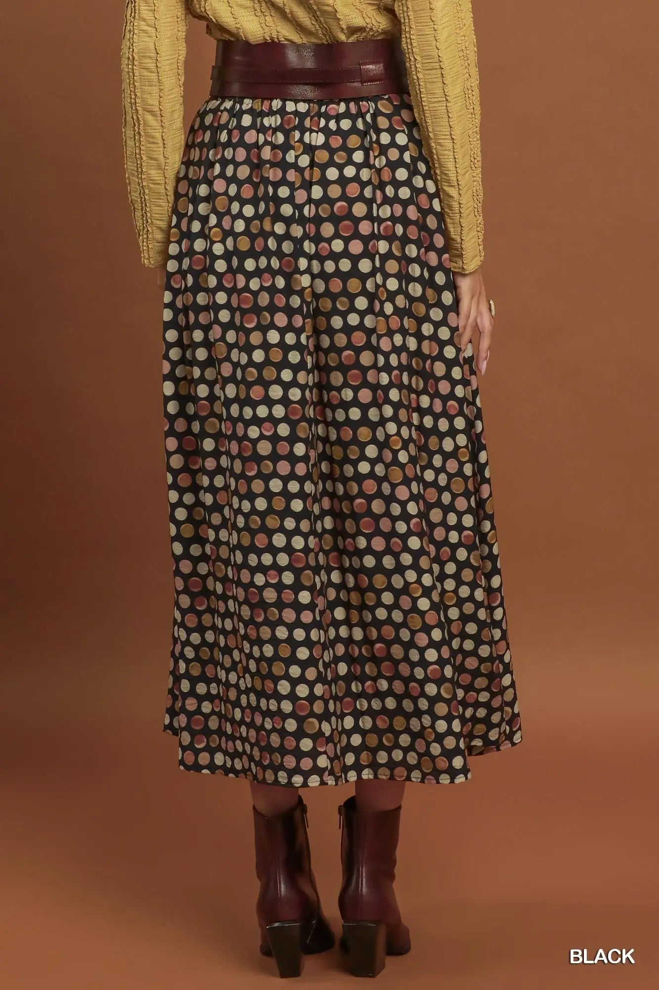 Polka dot pleated maxi skirt