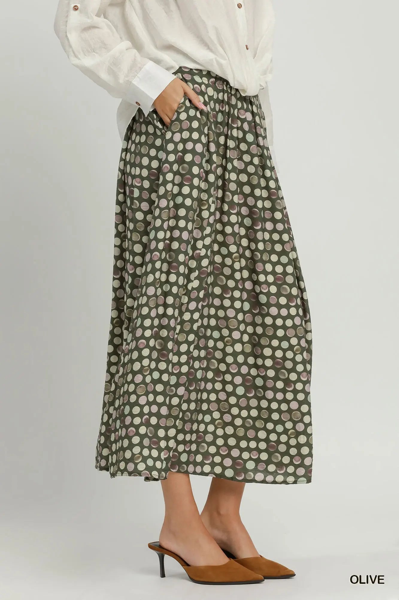Polka dot pleated maxi skirt