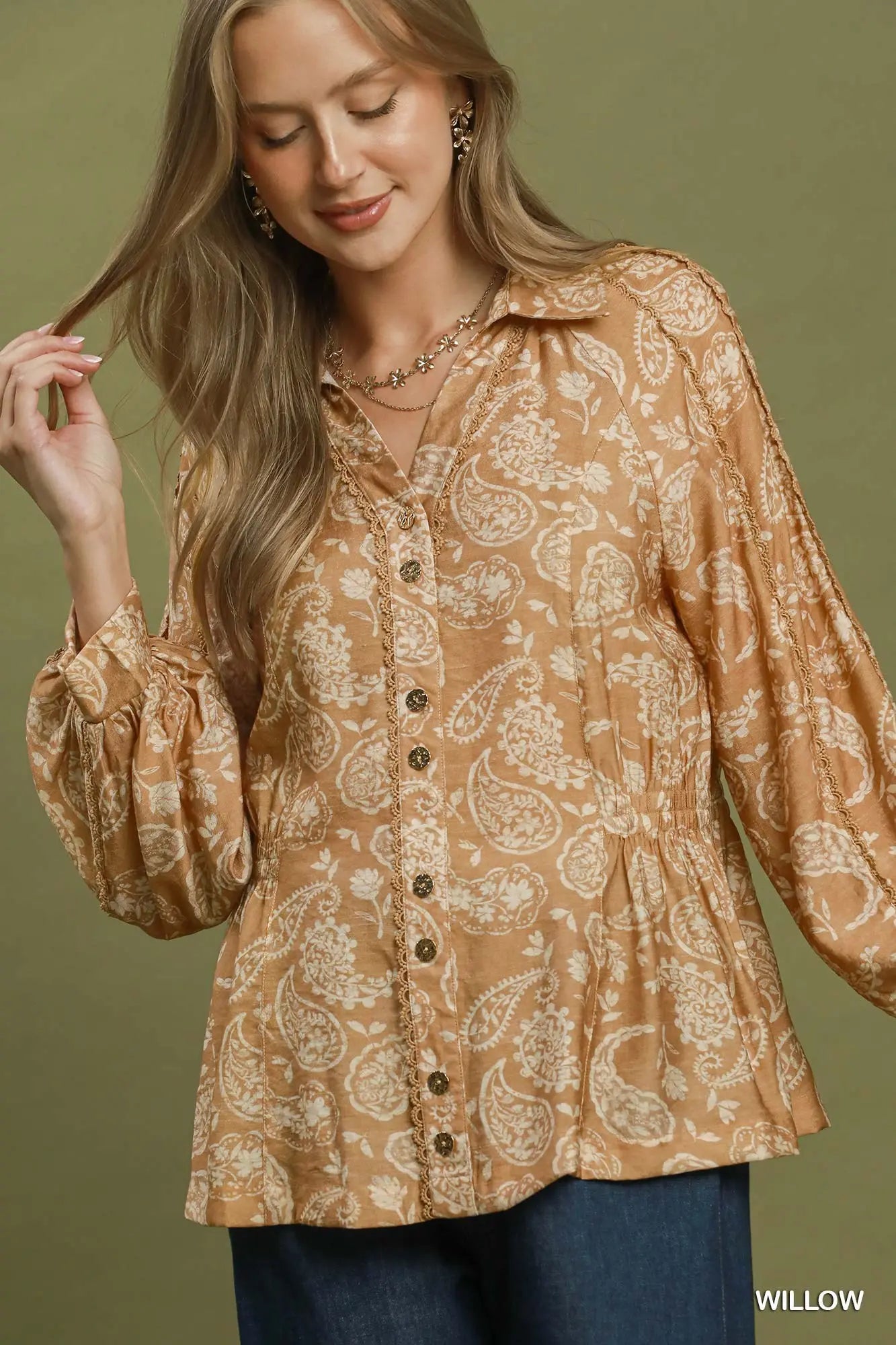Paisley print button front top